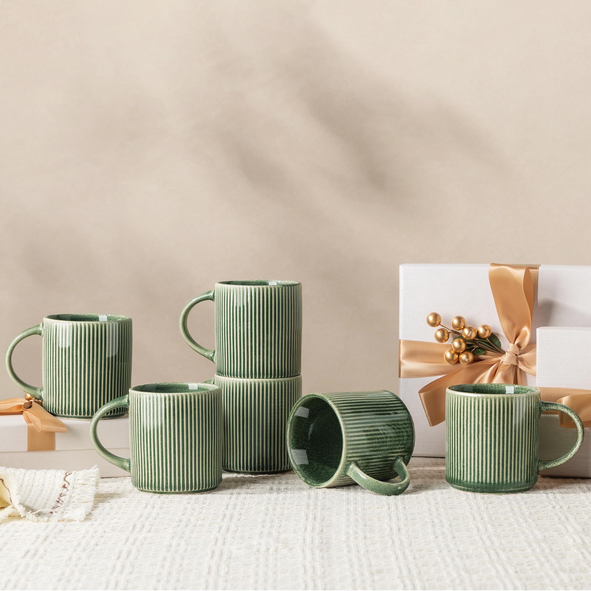 GBhome Stoneware Coffee Mugs Set of 6, 350 ml Coffee Cups with Large Handle for Latte, Cappuccino, Milk,Cocoa, Dishwasher Safe Mug Sets, Evergreen