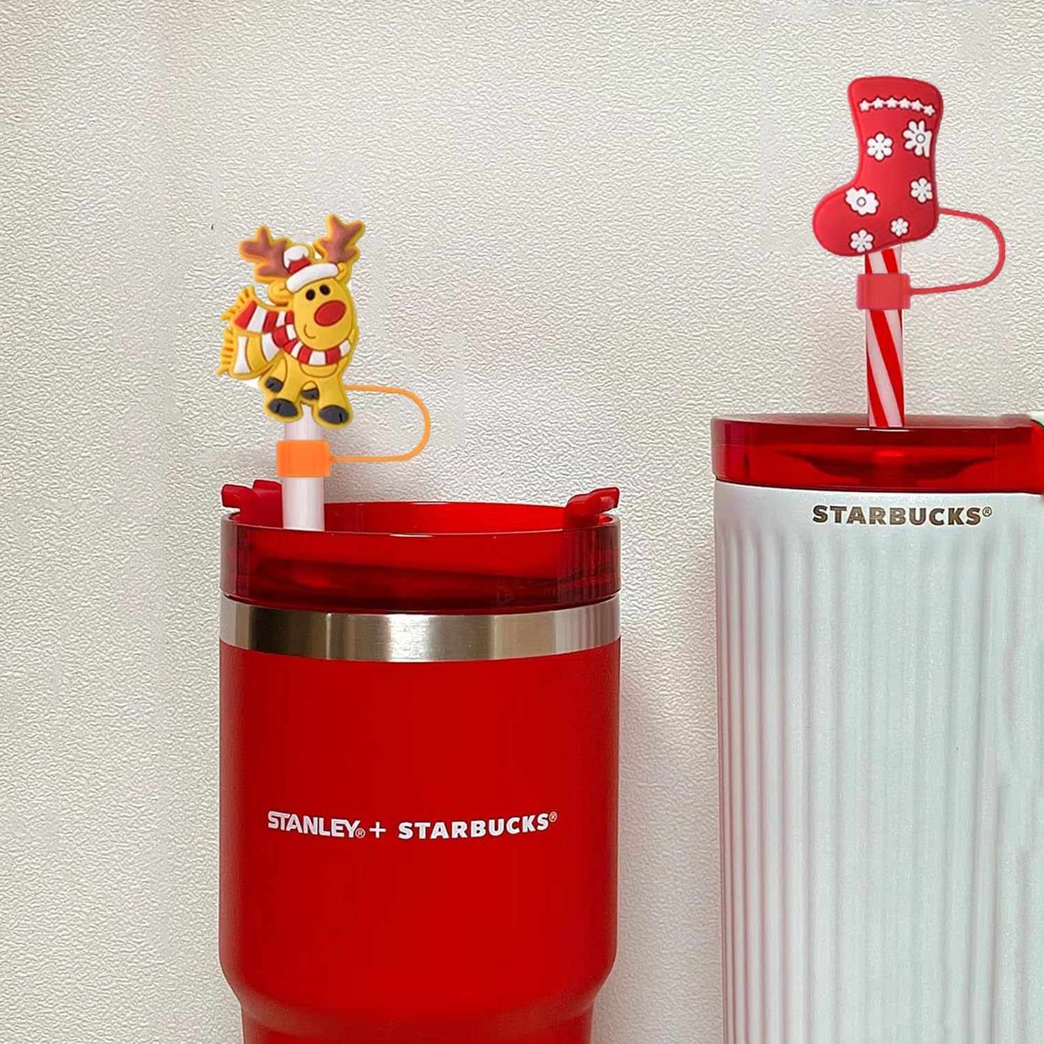 6Pcs Christmas Straw Covers Cap for Stanley Cup, 10mm Reusable Christmas Straw Toppers Cute Snowflakes Elk Santa Claus Xmas Design Silicone Straw Tips Lids for 40oz/30oz Tumbler Stanley Accessories