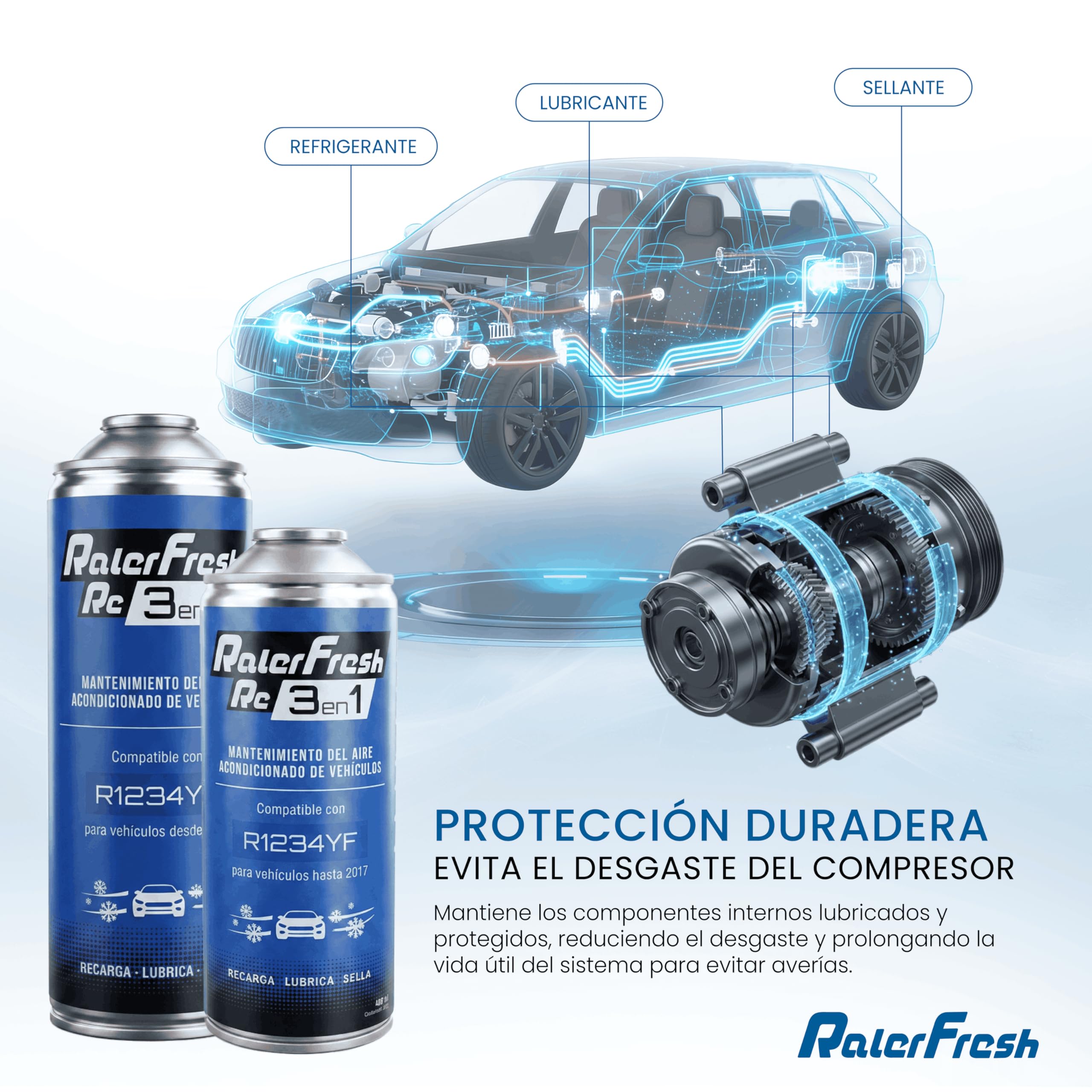 Ralerfresh RC 3 in 1 – Ricarica Aria Condizionata Auto R1234yf dal 2017, Gas Refrigerante, Sigillante Perdite, Lubrificante, Manutenzione Completa (Bombola RC31 + Manometro Tubo + Connettori)