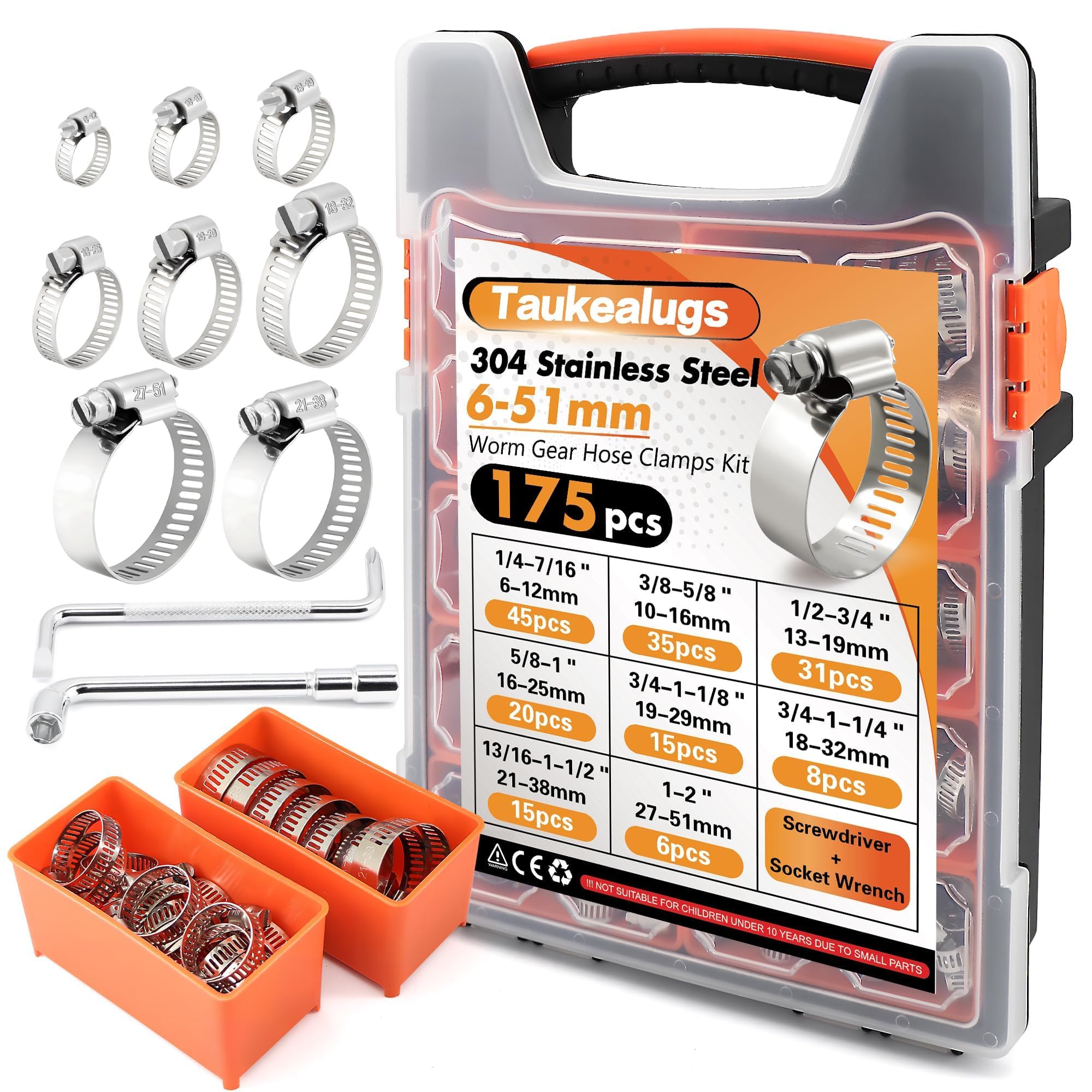 304 Stainless Steel Worm Gear Hose Clamps Assortment Kit 175PCS 1/4 to 2 in