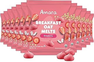 Amara Breakfast Oat Melts - Organic Toddler Snack - Single Serve Fiber-Packed Oat Bites with Real Fruit, No Added Sugar, Quick Dissolving, Strawberry - 12 Pack