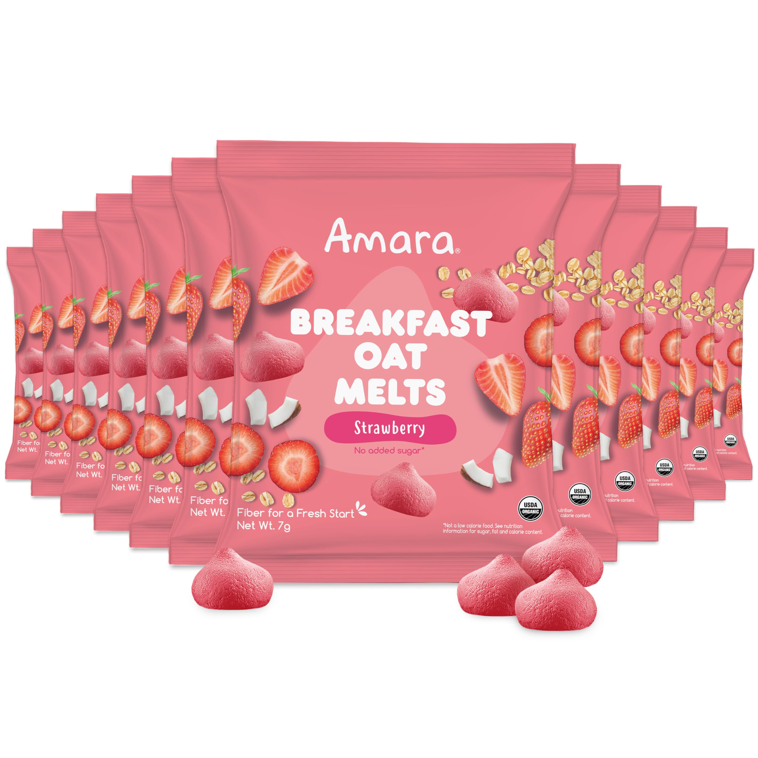 Amara Breakfast Oat Melts - Organic Toddler Snack - Single Serve Fiber-Packed Oat Bites with Real Fruit, No Added Sugar, Quick Dissolving, Strawberry - 12 Pack