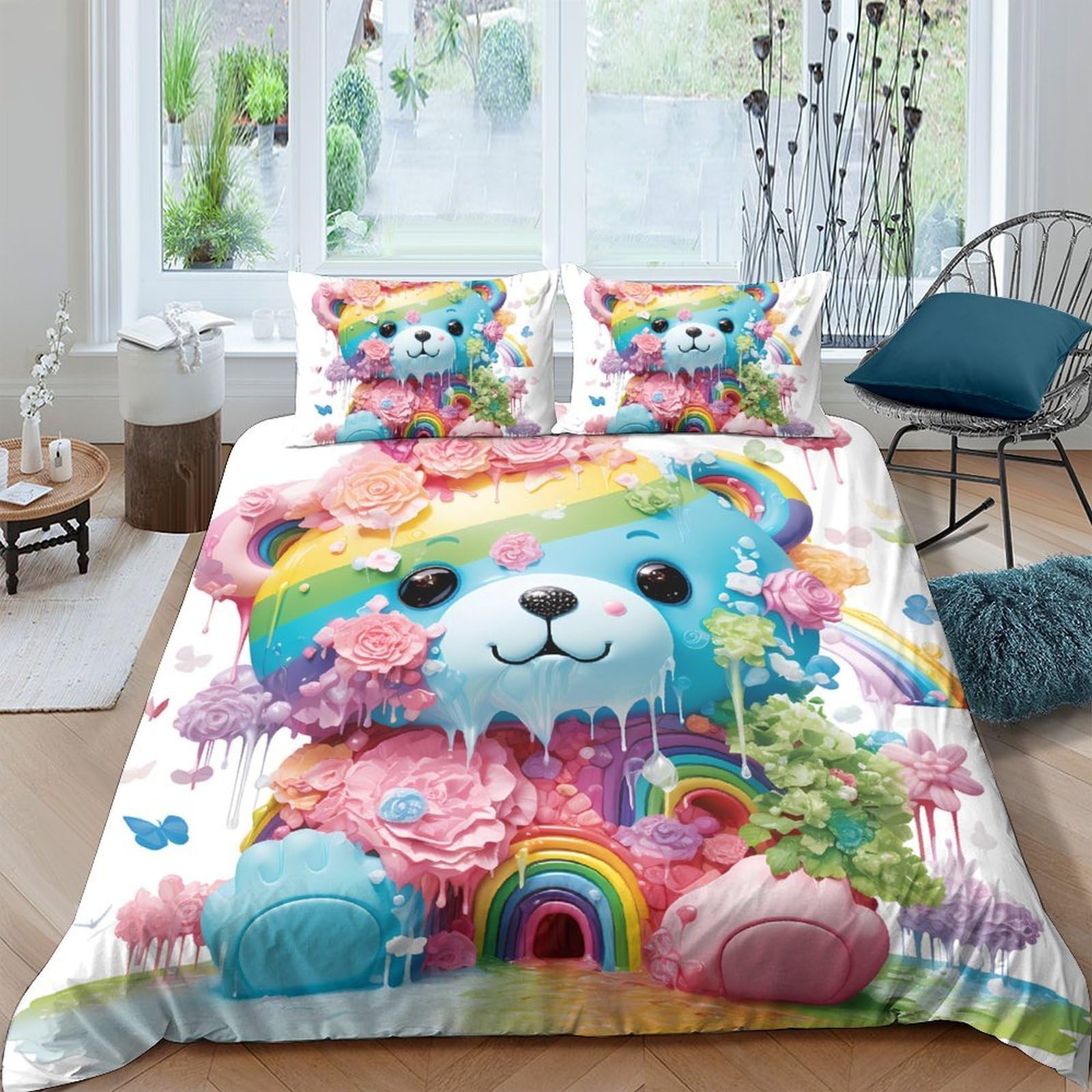 Ctjqhvkz Style-7 3D Printed Rainbow Teddy Bear Fitted Sheet Microfiber Bedroom Decor Pastel Bear Mattress Cover Anti-Slip Machine Washable For Home Guest Room Single（135X200cm）