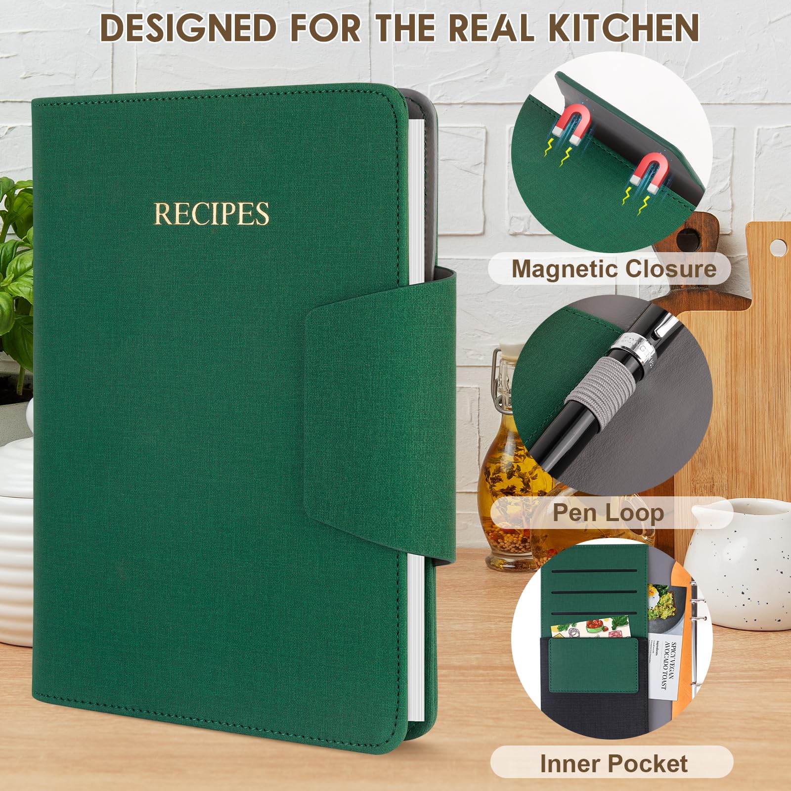 Leeres Rezeptbuch zum Einschreiben Ihrer eigenen Rezepte, 17,9 x 22,9 cm, nachfüllbares Rezeptbuch mit PU-Leder, 120 Rezepte, perfektes Familienrezept-Tagebuch und Geschenk für Mutter, Tochter, Koch