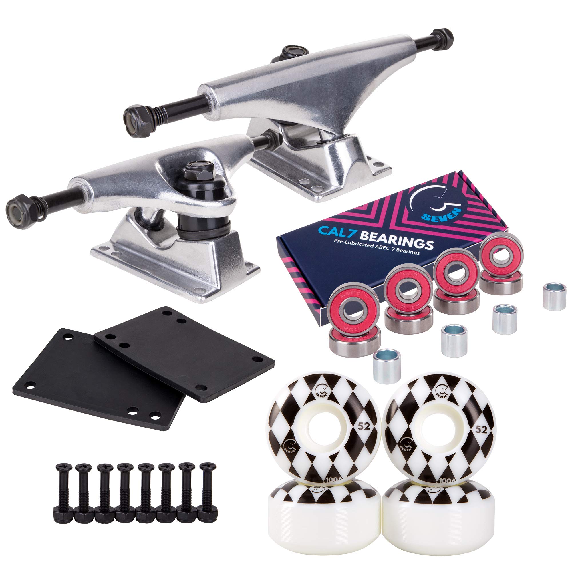Cal 7 Skateboard Package | Complete Combo Set with 139 Millimeter / 5.25 Inch Aluminum Trucks, 52mm 99A Wheels & Bearings (Silver Truck + White Speedway Wheels)
