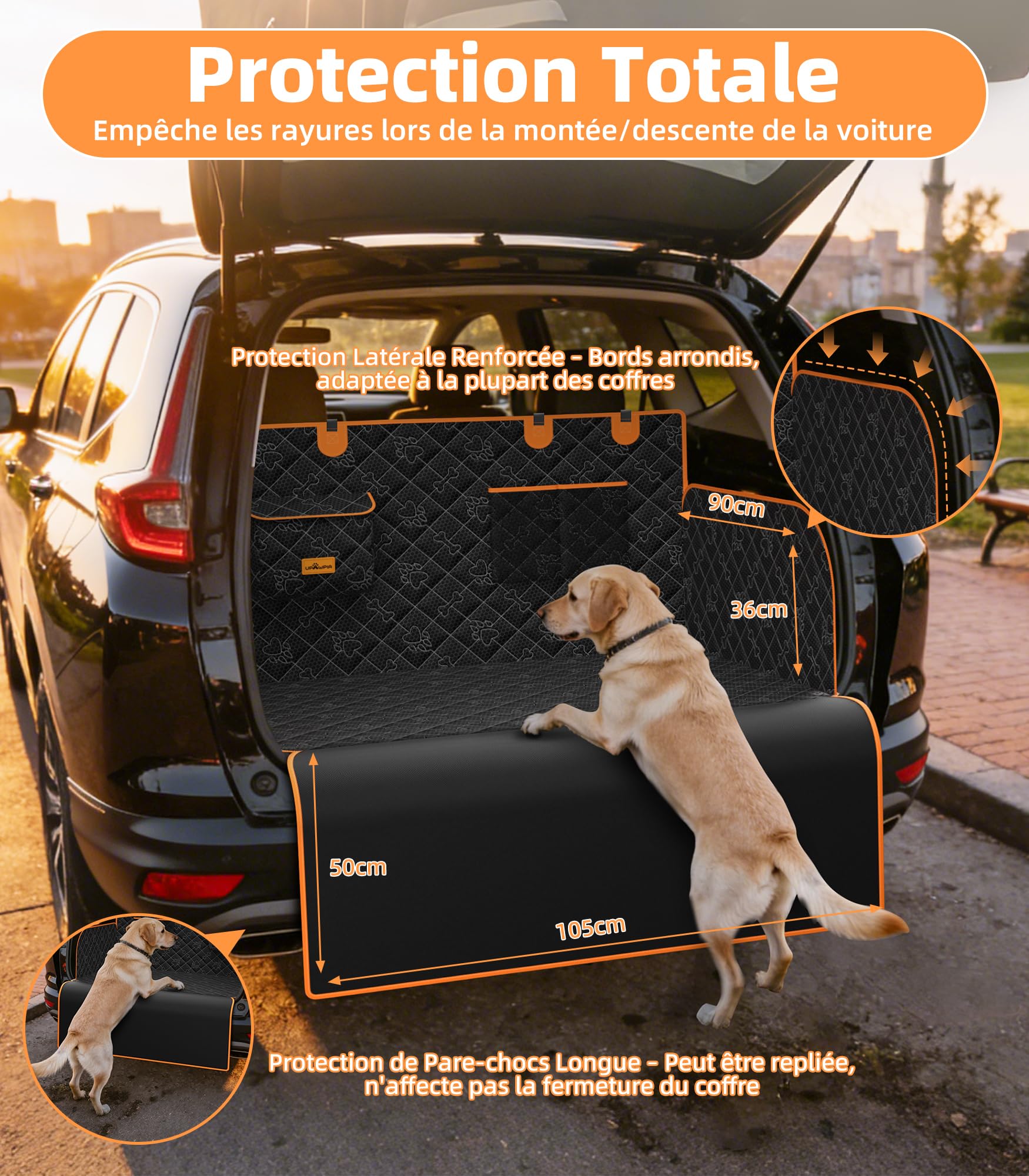 Protection Coffre Voiture Chien Imperméable Housse Coffre Voiture Chien avec Protection Latérale Pare-Chocs Bache Longue Tapis Coffre pour Universelle Voitures SUV Camion 198 * 105 * 36cm