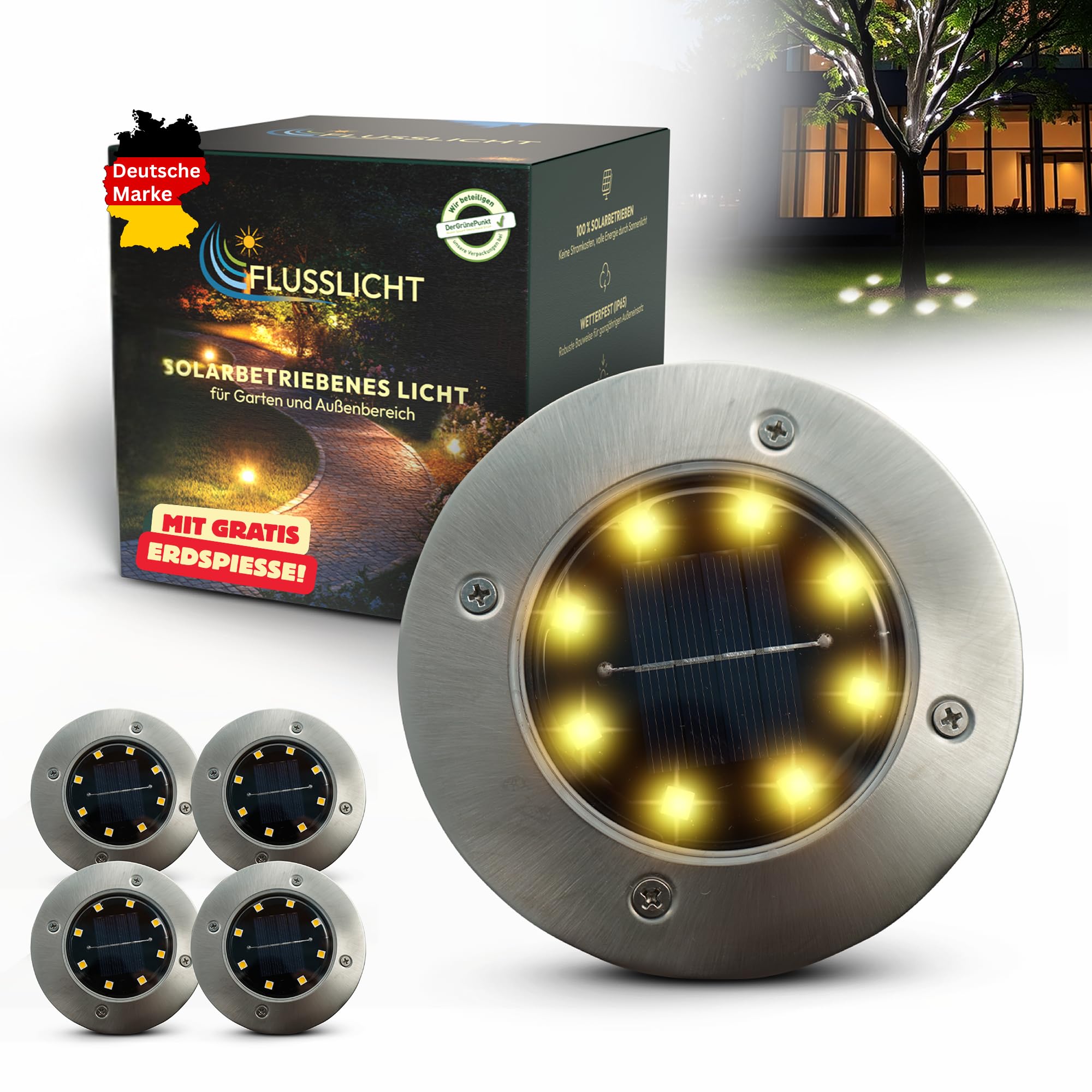 FLUSSLICHT Solar Bodenleuchten Außen 4er Set warmweiß – Stimmungsvolle Gartenbeleuchtung | inkl. 2 Ersatz-Erdspieße | IP65 wasserdicht Edelstahl | Automatik bis 10 Std Leuchtdauer | Terrasse Wege Beet