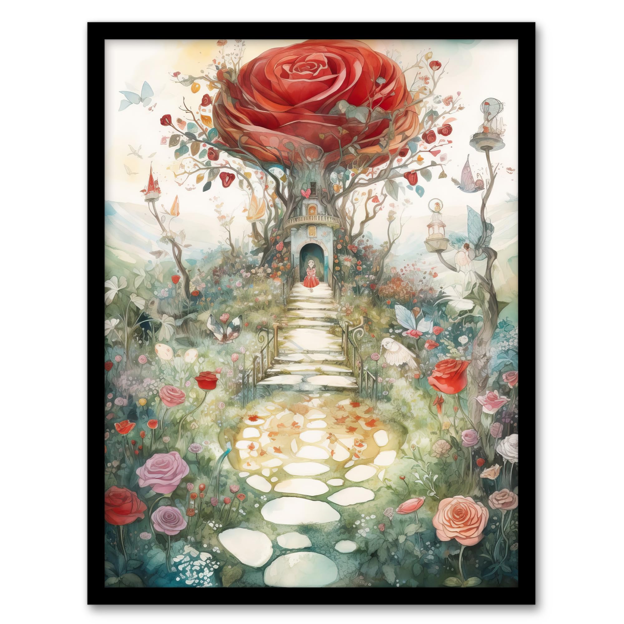 Artery8 Alice In Wonderland Painting Red Roses Queen Hearts Whimsical Magical Adventure Painting Artwork Framed Wall Art Print 18X24 Inch