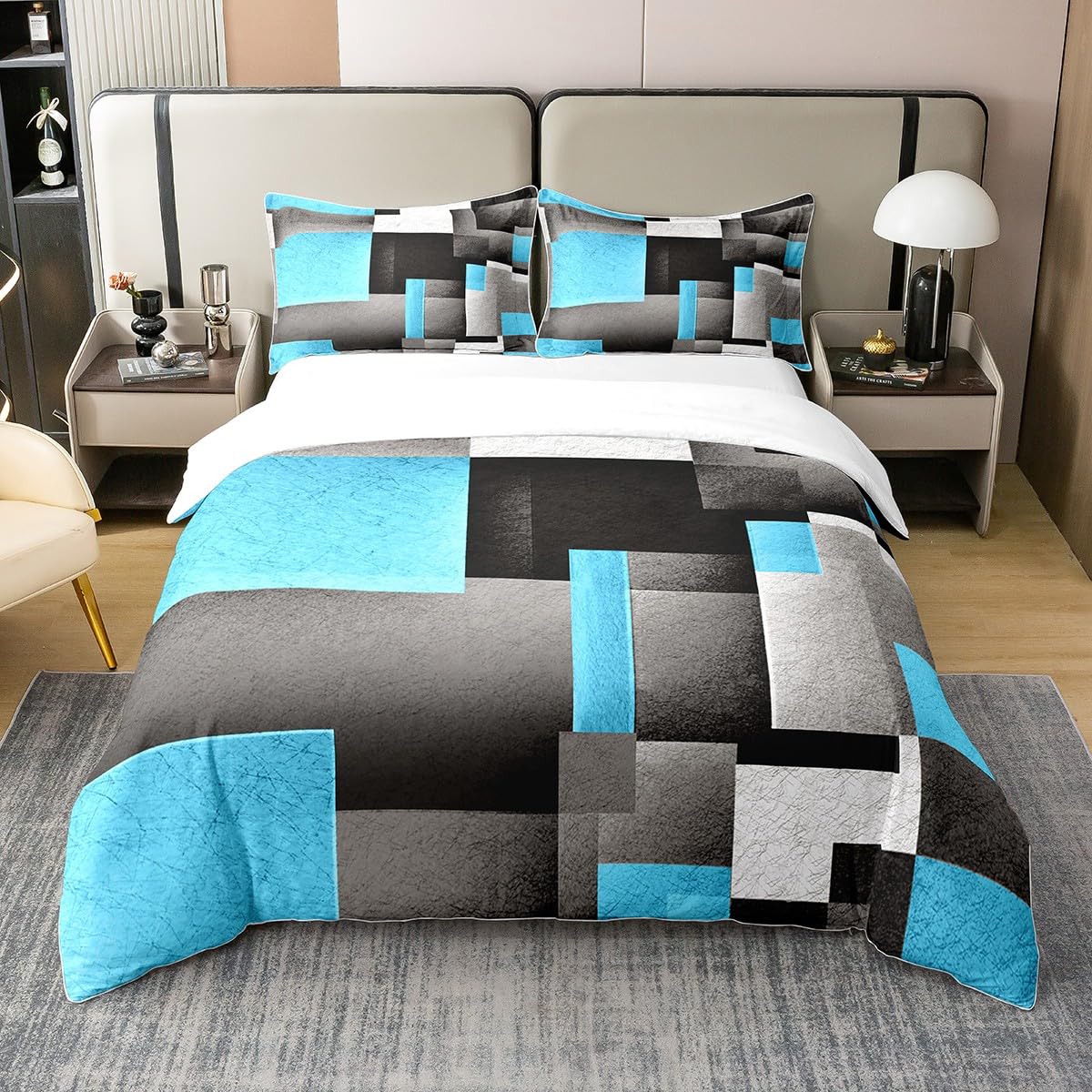 Geometric 100% Cotton Duvet Cover Double Size Blue Grey Buffalo Check Bedding 100% Cotton Set Comforter Cover Set Women Men Ultra Soft Decor Modern Art Bedspread Cover Zipper Closure