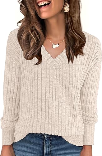 ANRABESS Long Sleeve Shirts for Women V Neck Casual Fall Tops Loose Fit Lightweight Sweaters Tunic Fashion 2025 Clothes