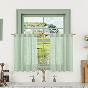 LAMIT Linen Curtains 30 Inch Length for Cafe, Semi Sheer Light Filtering Panels Back Tab and Rod Pocket Neutral Drapes for Basement/Window/Loft Room, Fresh Green, 2 Panels, 34 x 30 Inch