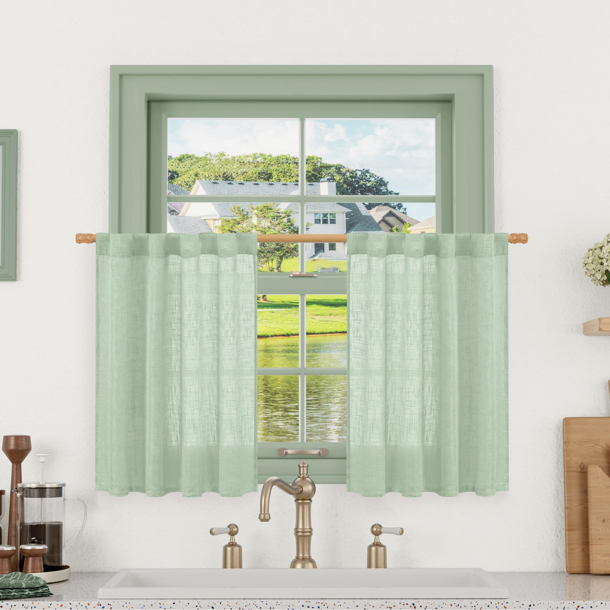 LAMIT 36 Inch Length Linen Curtains for Small Windows, Semi Sheer Light Filtering Panels Back Tab and Rod Pocket Neutral Drapes for Basement/Window/Loft Room, Fresh Green, 2 Panels, 34 x 36 Inch