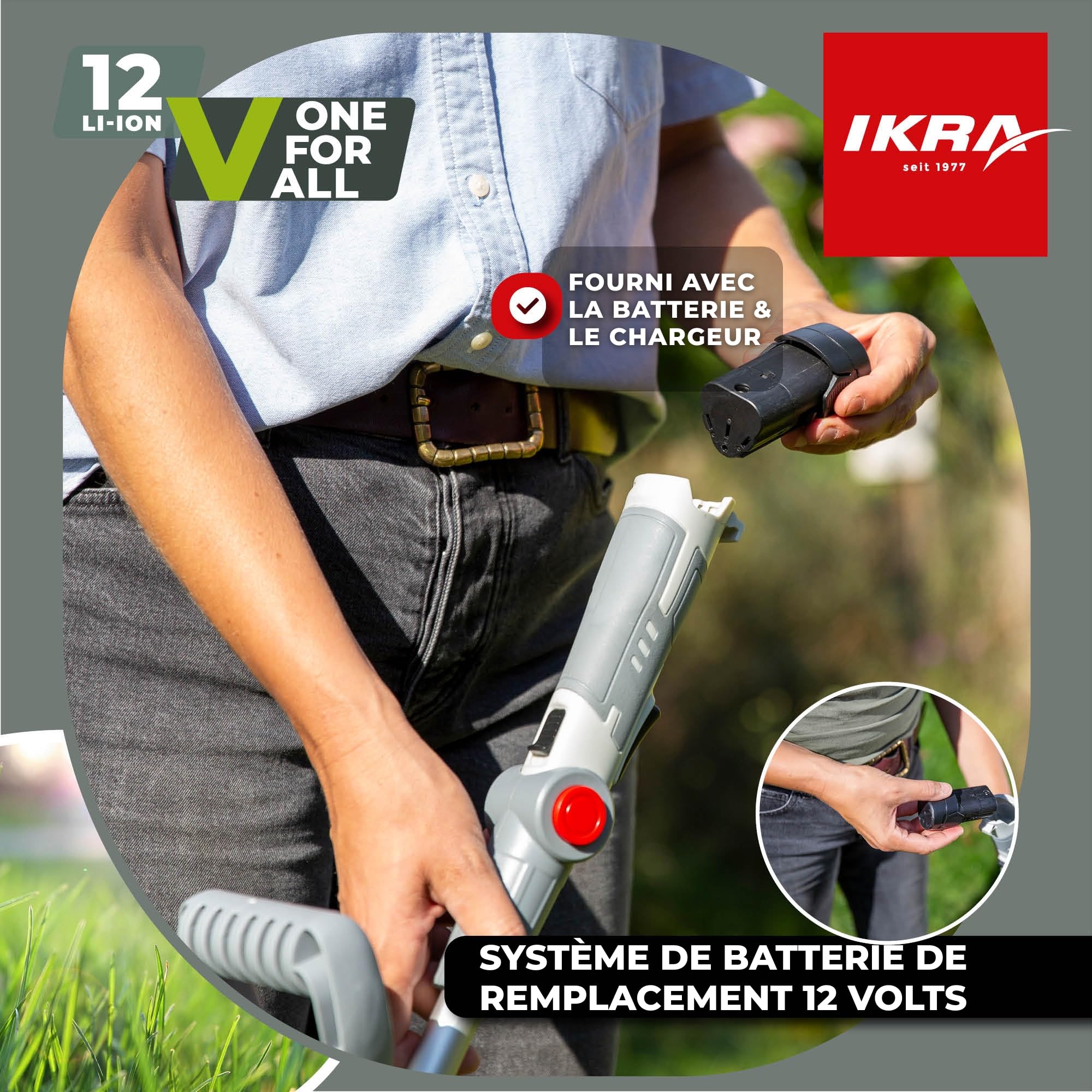 IKRA Coupe-Bordures sans Fil IART 1224 avec Batterie, Chargeur et 20 Lames | Léger (1,5 kg), largeur de coupe de 24 cm, poignée réglable sur 4 positions, compatible avec la gamme de batteries 12V d'IKRA