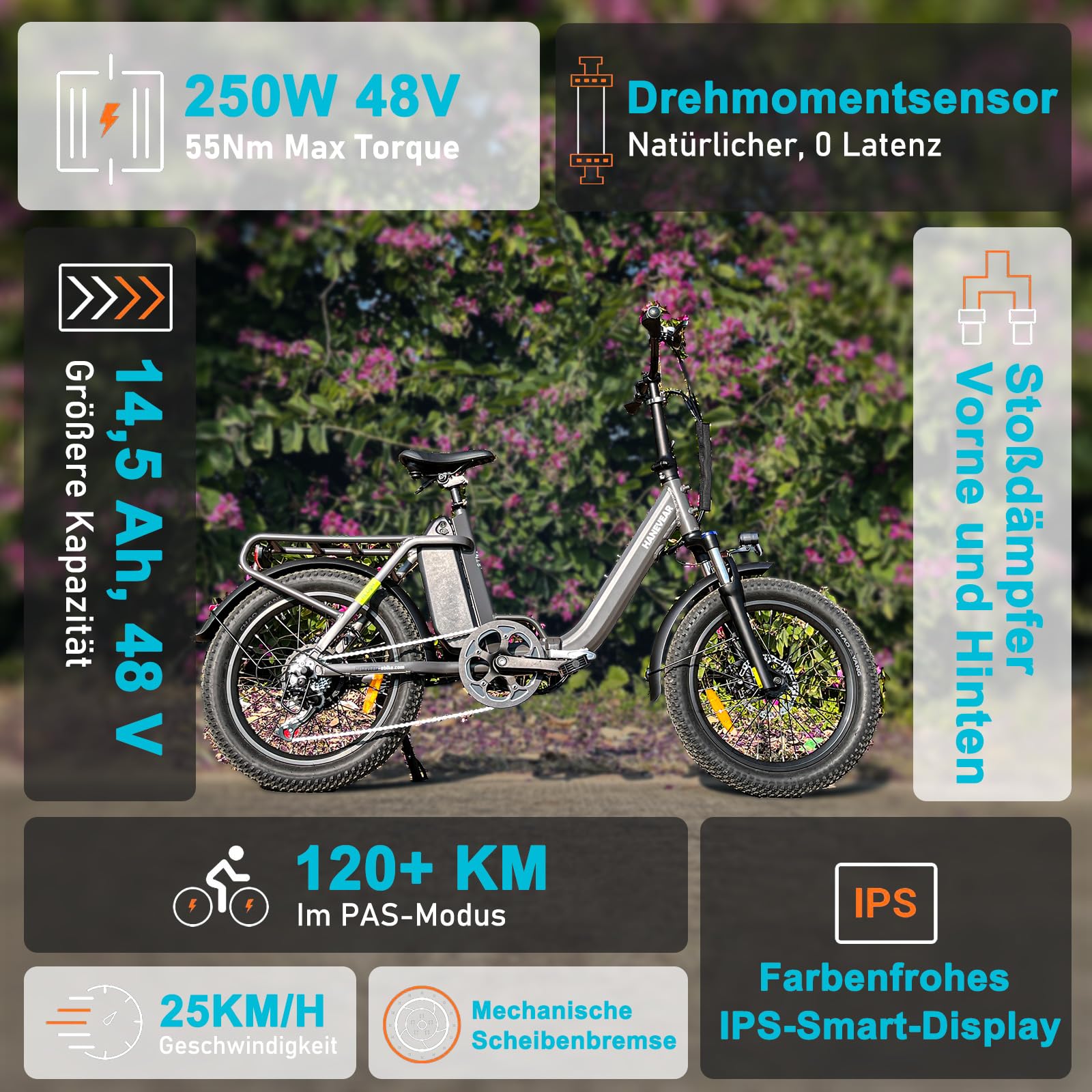 HANEVEAR H6-Light E Bike Klapprad, Elektrofahrräder mit Drehmomentsensor | 48V 14,5Ah Akku bis zu 120km+ | 55N.m 250W-Motor | 3.0'' Fat E-Bike, Off-Road Pedelec EBike Herren Damen