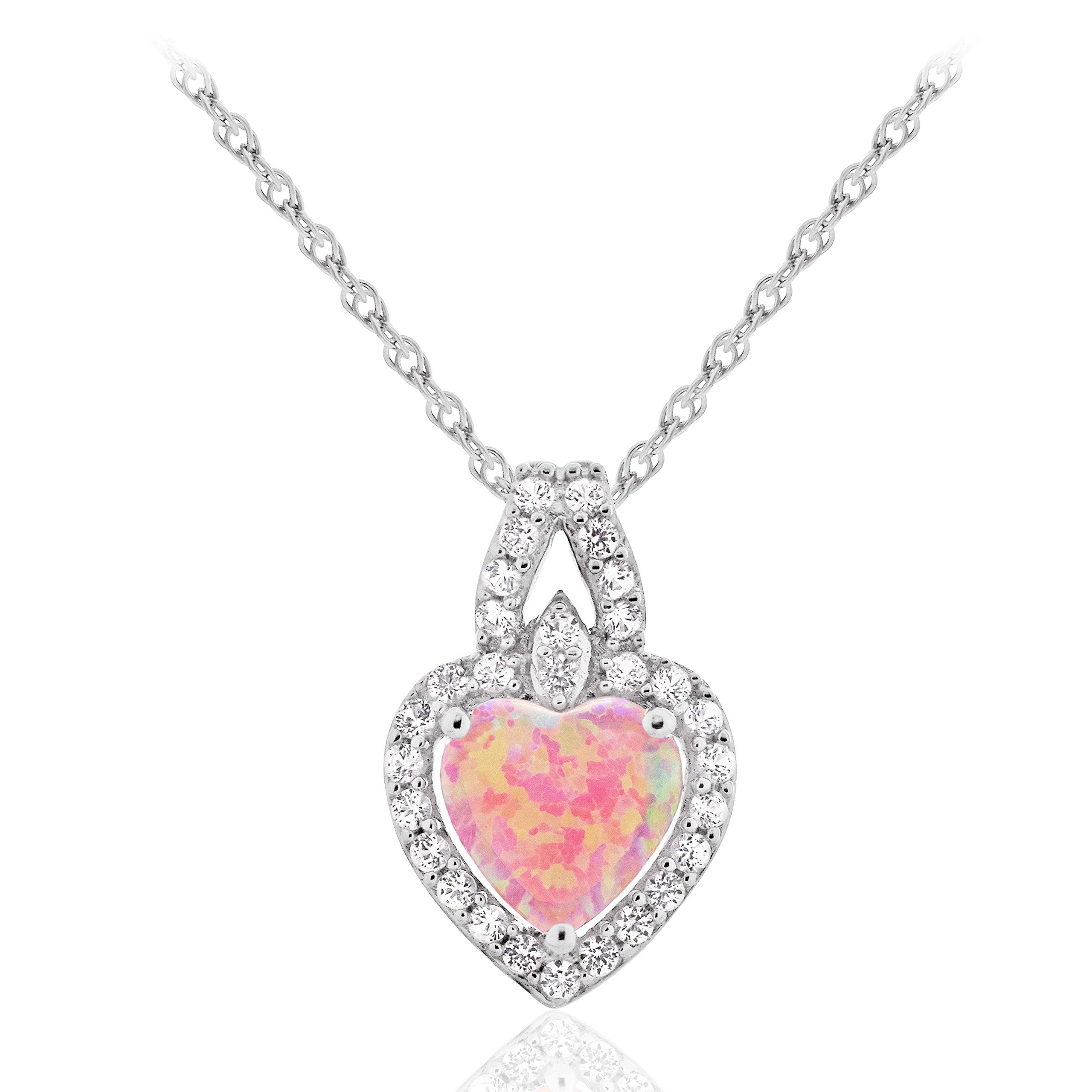 925 Sterling Silver Heart Shape Lab Created Pink Opal Pendant Neclace with Lab Created White Sapphires with 18" Rope Chain