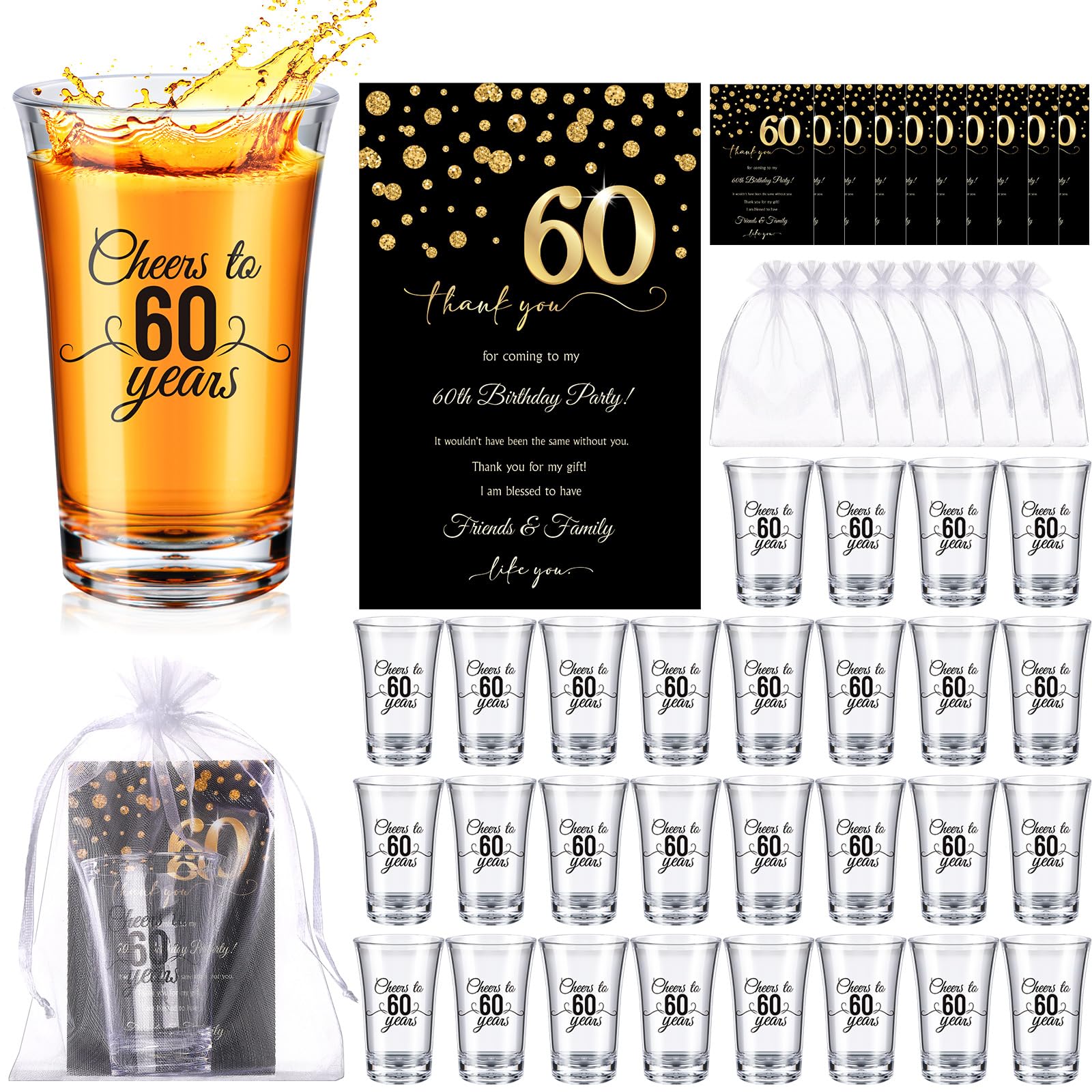 Photo 1 of FillTouch 100 Sets Birthday Party Favors for Guests Bulk, 1.4 oz Cheers to 40/45/50/55/60/65 Years Plastic Personalized Glasses Cups with Thank You Cards Gift Bag for Birthday Wedding (Black 60 Years)
