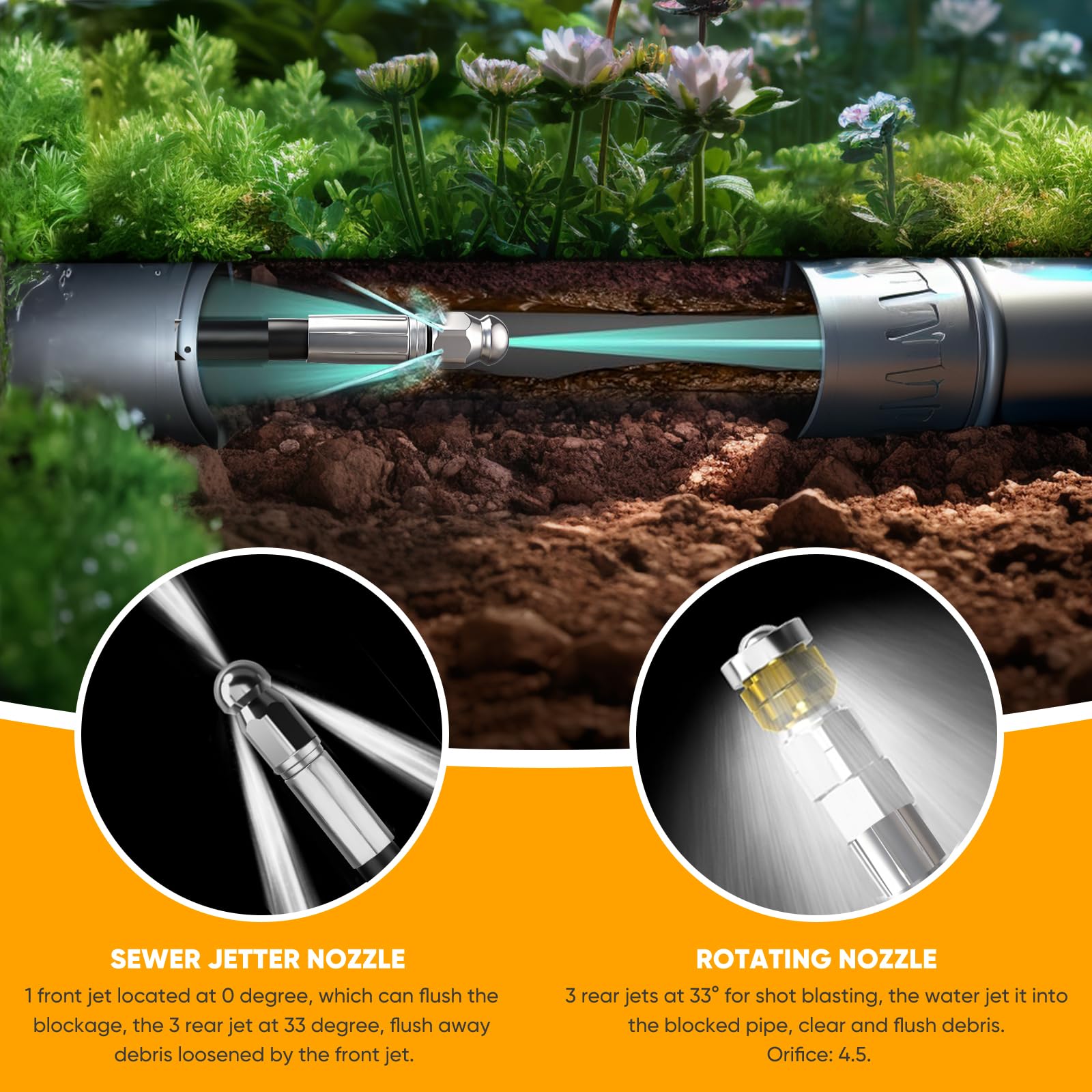 Déboucheur Canalisation Haute Pression 30m – 400 bar / 5800 PSI, compatible avec nettoyeurs Karcher K2–K7, avec adaptateur et 2 buses, nettoyage canalisations