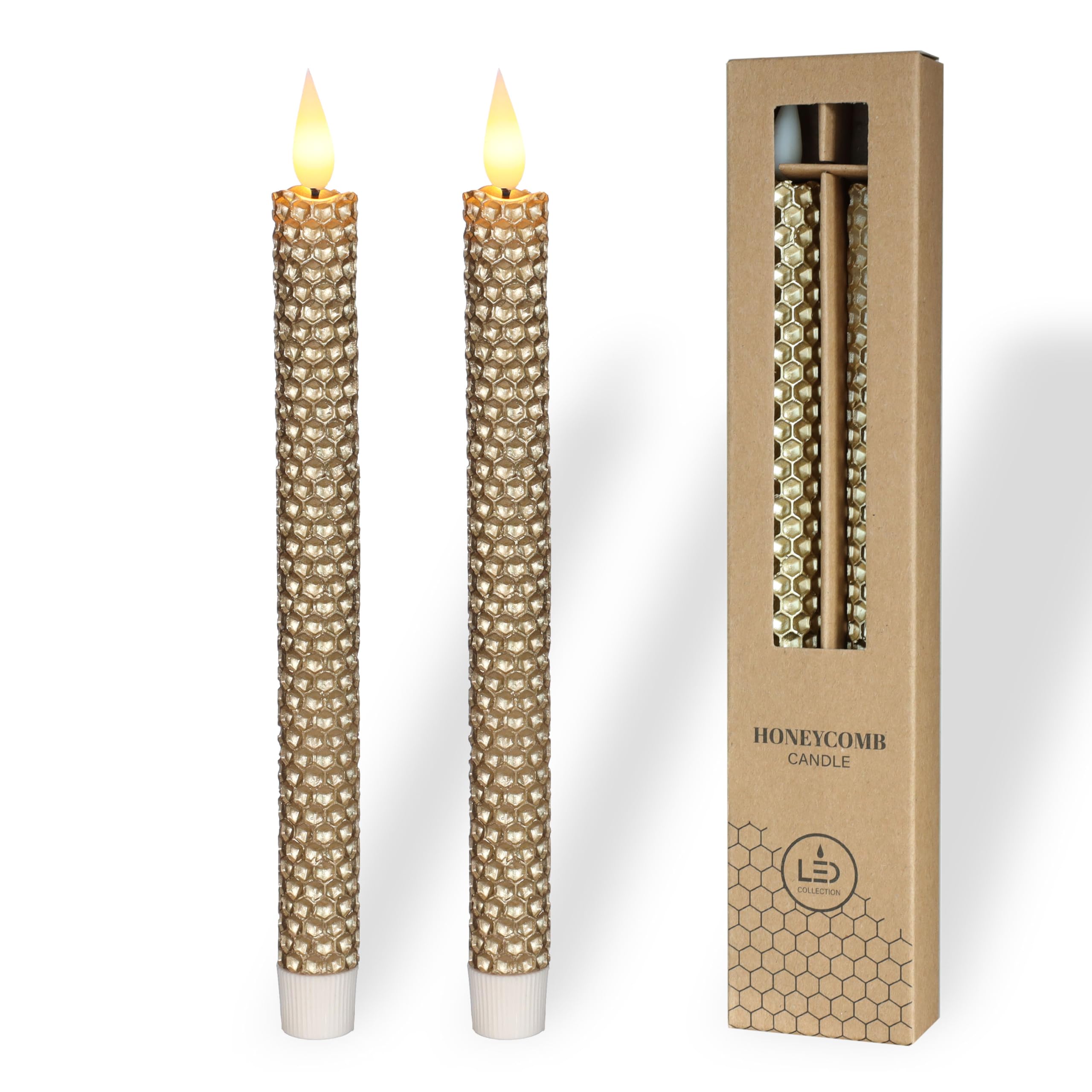 comforder Real Wax LED Candles with Flickering Flame (Set of 2), Electric Taper Candles with Timer Function, Honeycomb Look. (Gold)