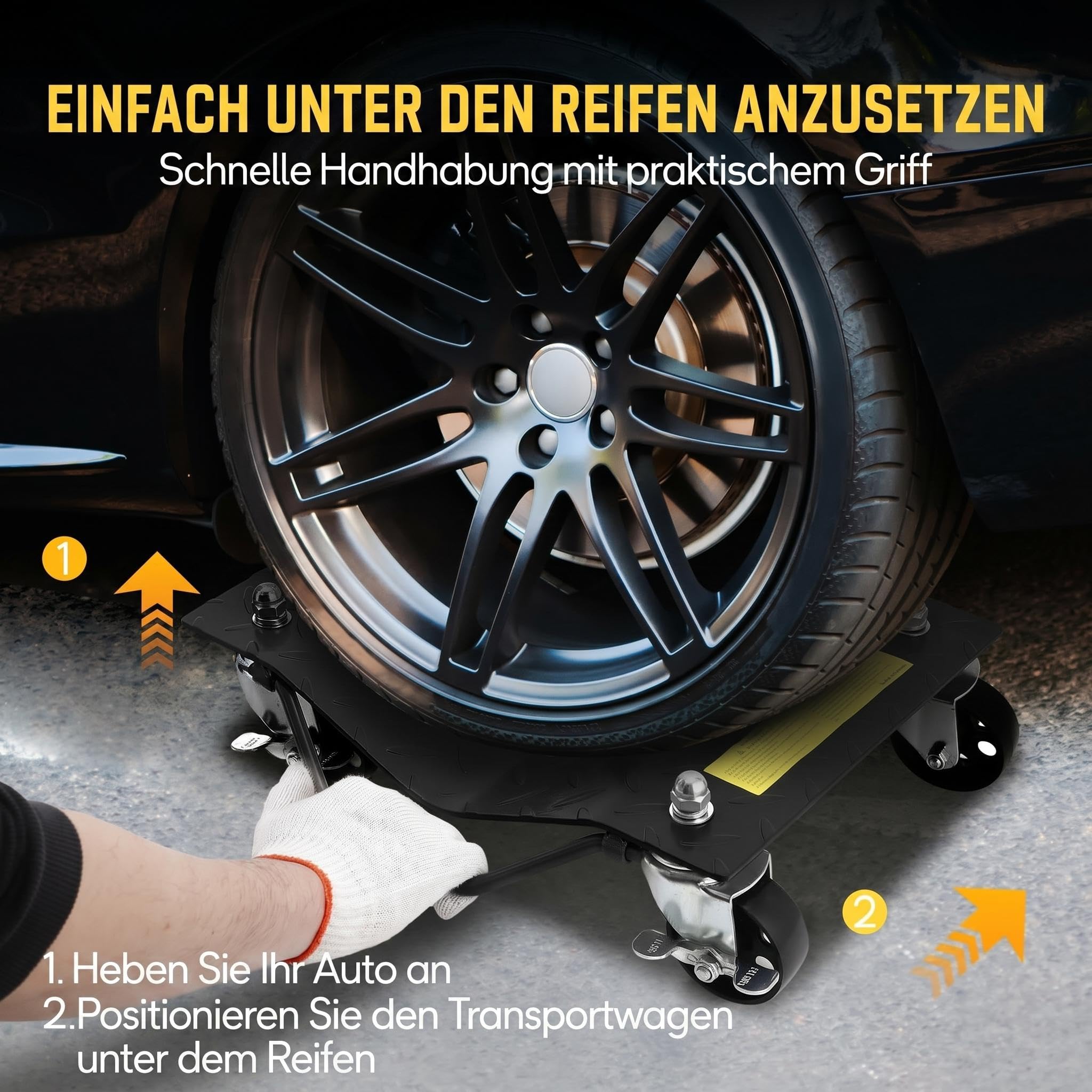 4 Stück Rangierhilfe Set bis 3600 kg Belastbar, Rangierroller aus Stahl, Wagenheber mit 360°-Lenkrollen und Feststellbremsen, rutschfeste Oberfläche, Rangierheber für PKWs Autos LKWs