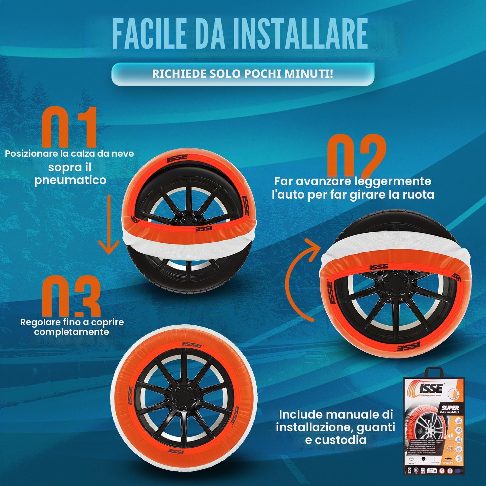 ISSE Super T 70 - Calze da Neve Omologate Italia EN 16662-1 – Catene da Neve Tessili Facili da Installare - Resistenti - Kit con 2 Calze da Neve e Guanti
