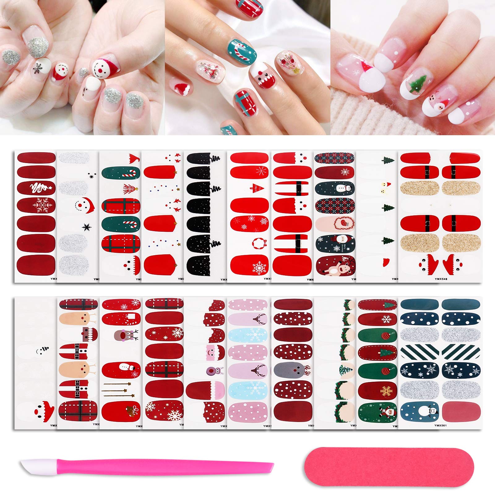 20 Sheets Soild Color Christmas Gel Nail Strips Cute Nail Polish Glitter Stickers Street Self-Adhesive Fake Nails Art Designer Decal Xmas Design Manicure Set with Nail File & Pusher for Women Girls