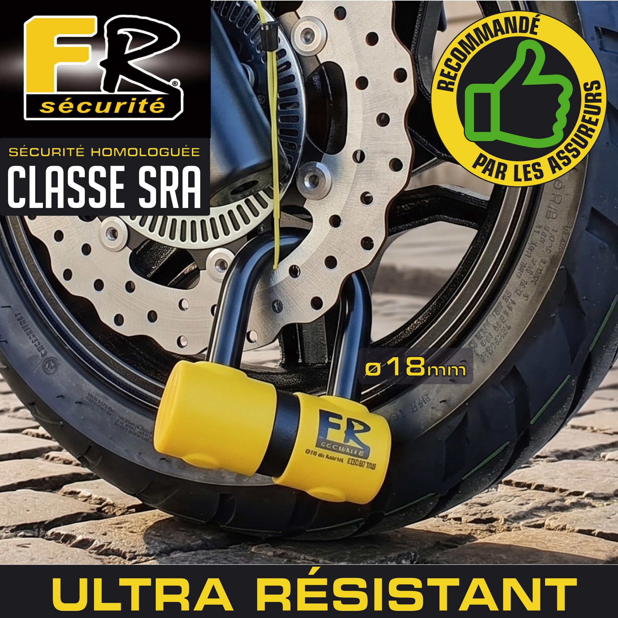 FR SECURITE FR50 Antivol Moto Homologué SRA, Bloque Disque Mini U ø18mm en Acier Cémenté, Testé contre Sciage Coupe-Boulons, Bloc Disque Double Verrouillage, Serrure Haute Sécurité Anti-Crochetage