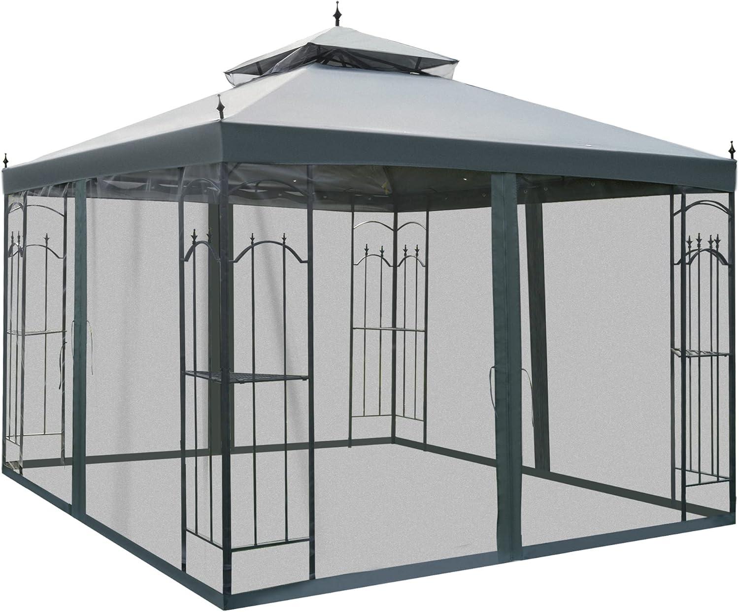Outsunny 10' x 10' Patio Gazebo with Corner Frame Shelves, Double Roof Outdoor Gazebo Canopy Shelter with Netting for Patio, Wedding, Catering & Events, Gray