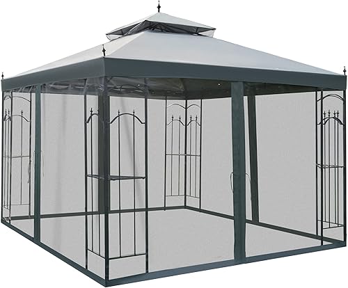 Outsunny Cenador de patio de 10 x 10 pies con estantes de esquina, toldo de doble techo para exteriores con malla para patio, boda, catering y