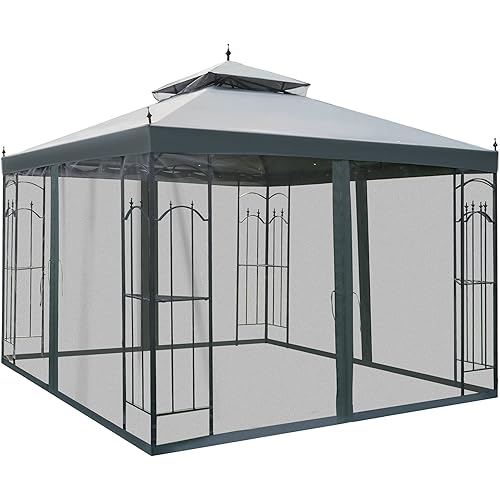 Outsunny 10' x 10' Steel Outdoor Patio Gazebo Canopy with Removable Mesh Curtains, Display Shelves, & Steel Frame, Grey