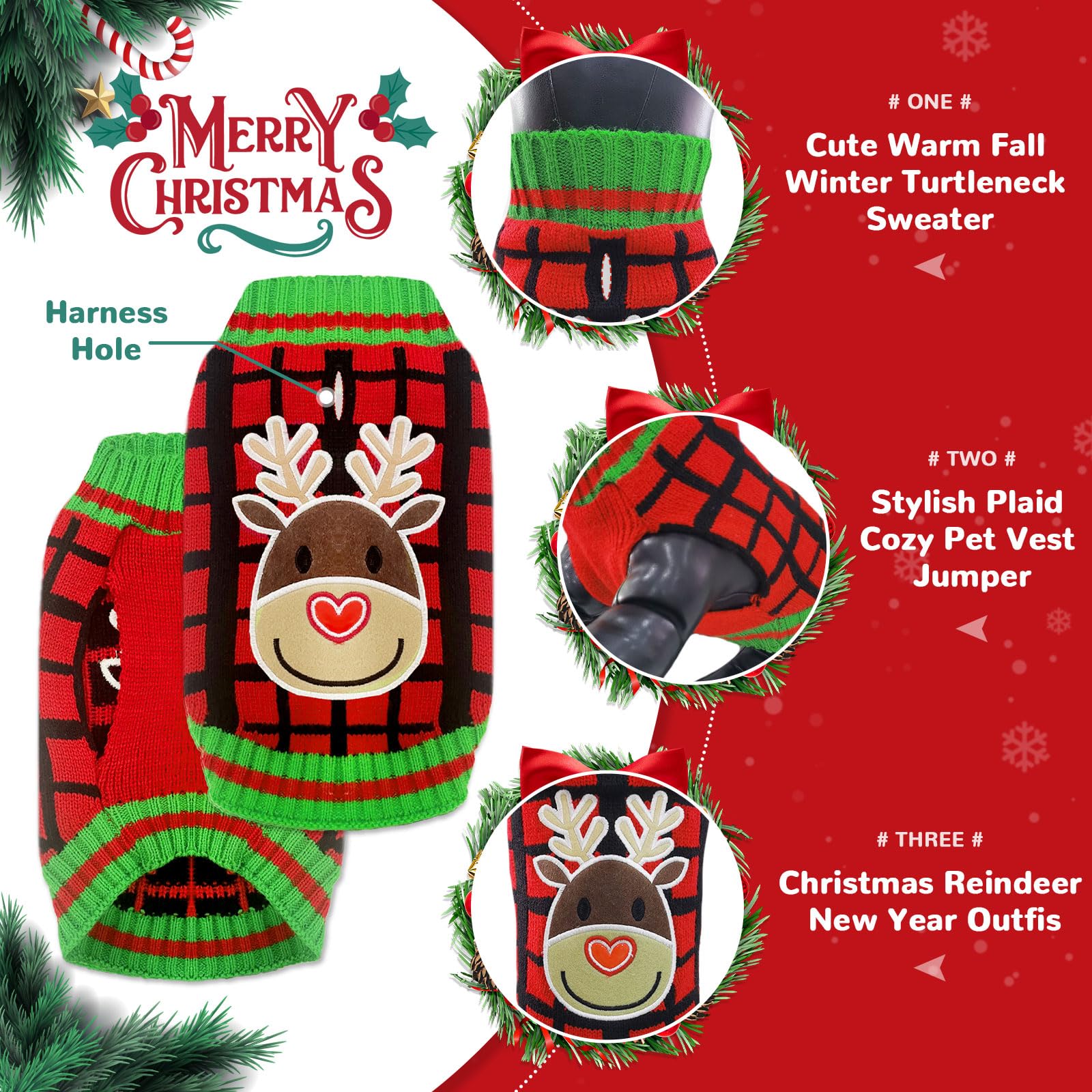 HRTTSY Dog Christmas Jumper with Harness Hole Red Plaid Elk Doggie Outfits Sweater for Small Medium Large Dogs Cats Warm Fall Winter Puppy Clothes Vest Pet Holiday New Year Costume - Image 4