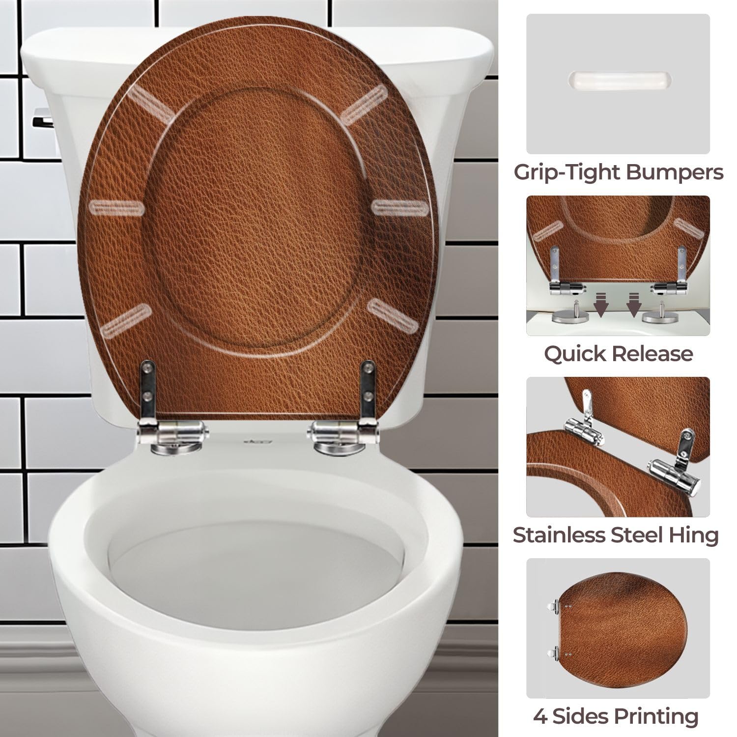 Asiento de inodoro redondo con bisagras de liberación rápida para baño.