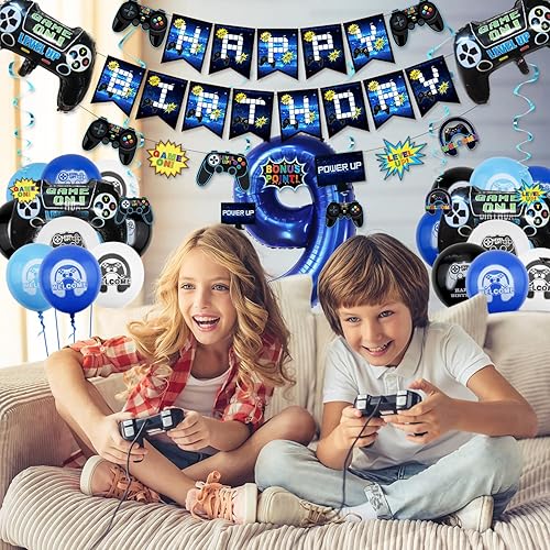 Miniatura 2 de Decoraciones de fiesta de videojuegos decoraciones de cumpleaños número 9 para niños, pancarta de feliz cumpleaños, globos de videojuegos, globos