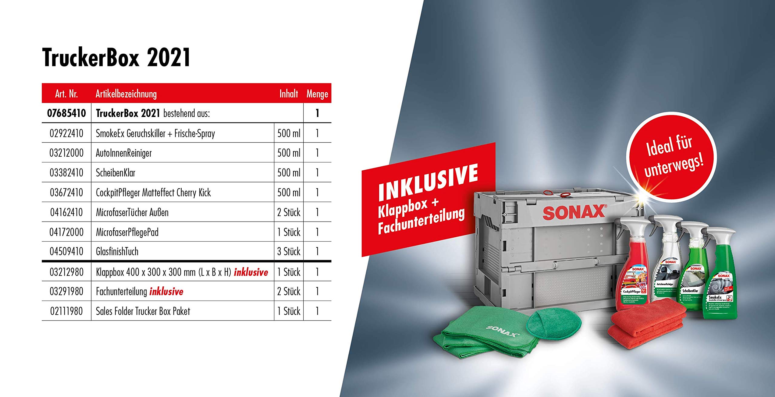SONAX TruckerBox Pacchetto: Scatola per la cura degli interni (7 pezzi) Prodotti di alta qualità + accessori per la pulizia e la cura degli interni ideale per i viaggi | Articolo n. 07685410