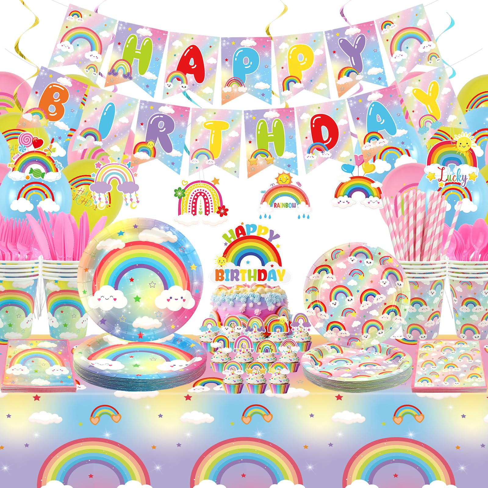 Obussgar Rainbow Birthday Party Decorations - Rainbow Party Supplies including Banner, Plate, Cake Topper, Cup, Napkin, Balloon, Tablecloth - Serves 20