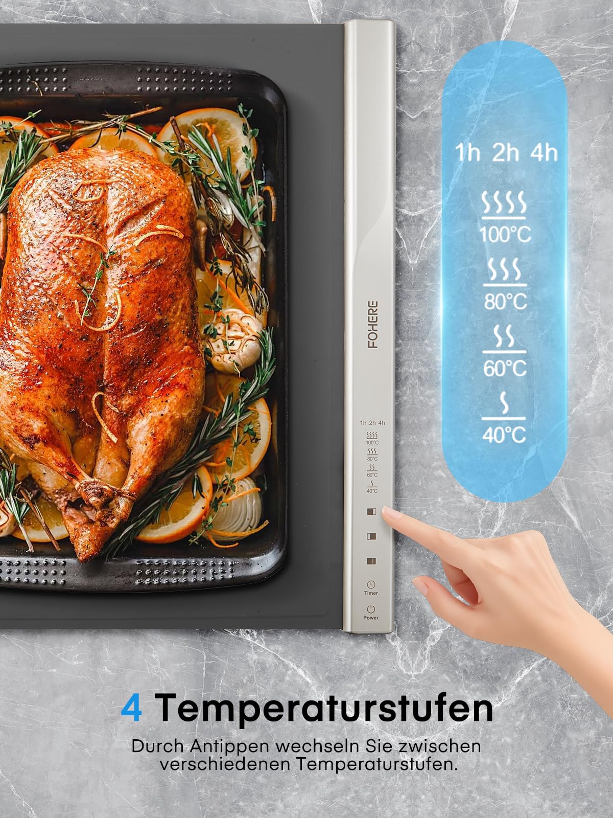 FOHERE Warmhaltematte für Speisen, Elektrische Warmhalteplatte mit Großer Oberfläche, 4 Std. Timer, Lebensmittelechtes Silikon-Nanomaterial