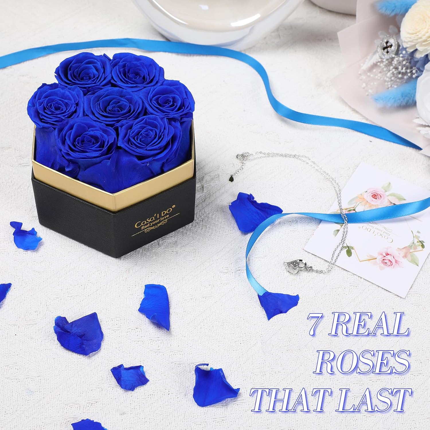 Preserved Roses Flowers for Delivery 7 Pcs, Vanlentines Day Gifts for Her, Forever Flores in Heart Box with Necklace, Anniversary Birthday Christmas Rose Gift for Women Wife Girlfriend, Blue - Image 2