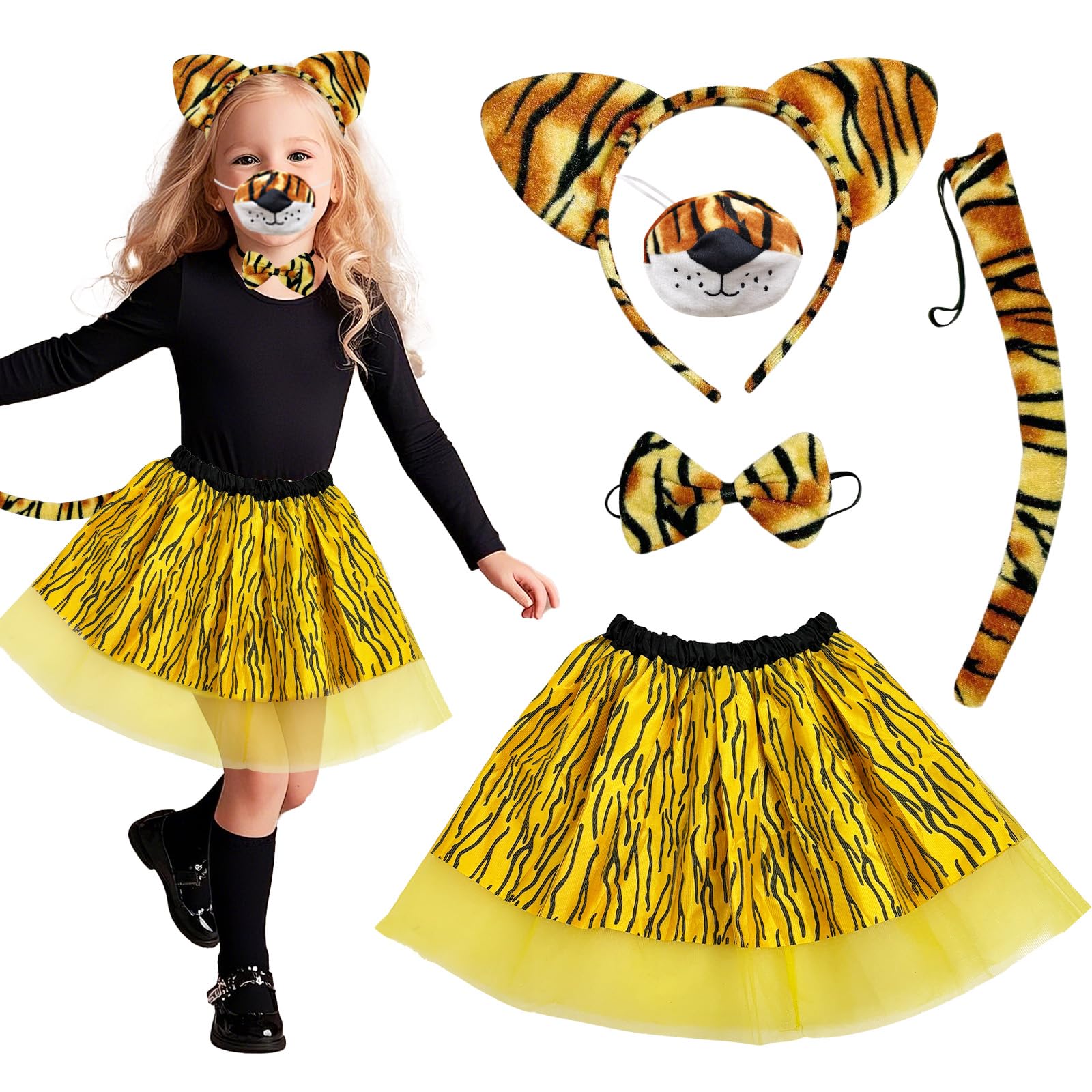 5 Pcs Tiger Costume for Kids Animals Costume for 3-10y Girls, Tiger Stripe Tutu Skirt, Ears, Nose, Tail