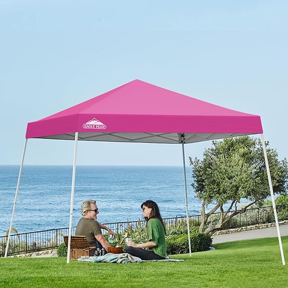 EAGLE PEAK 10x10 Slant Leg Pop-up Canopy Tent Easy One Person Setup Instant Outdoor Canopy Folding Shelter 10x10 Base 8x8 Top (Pink)