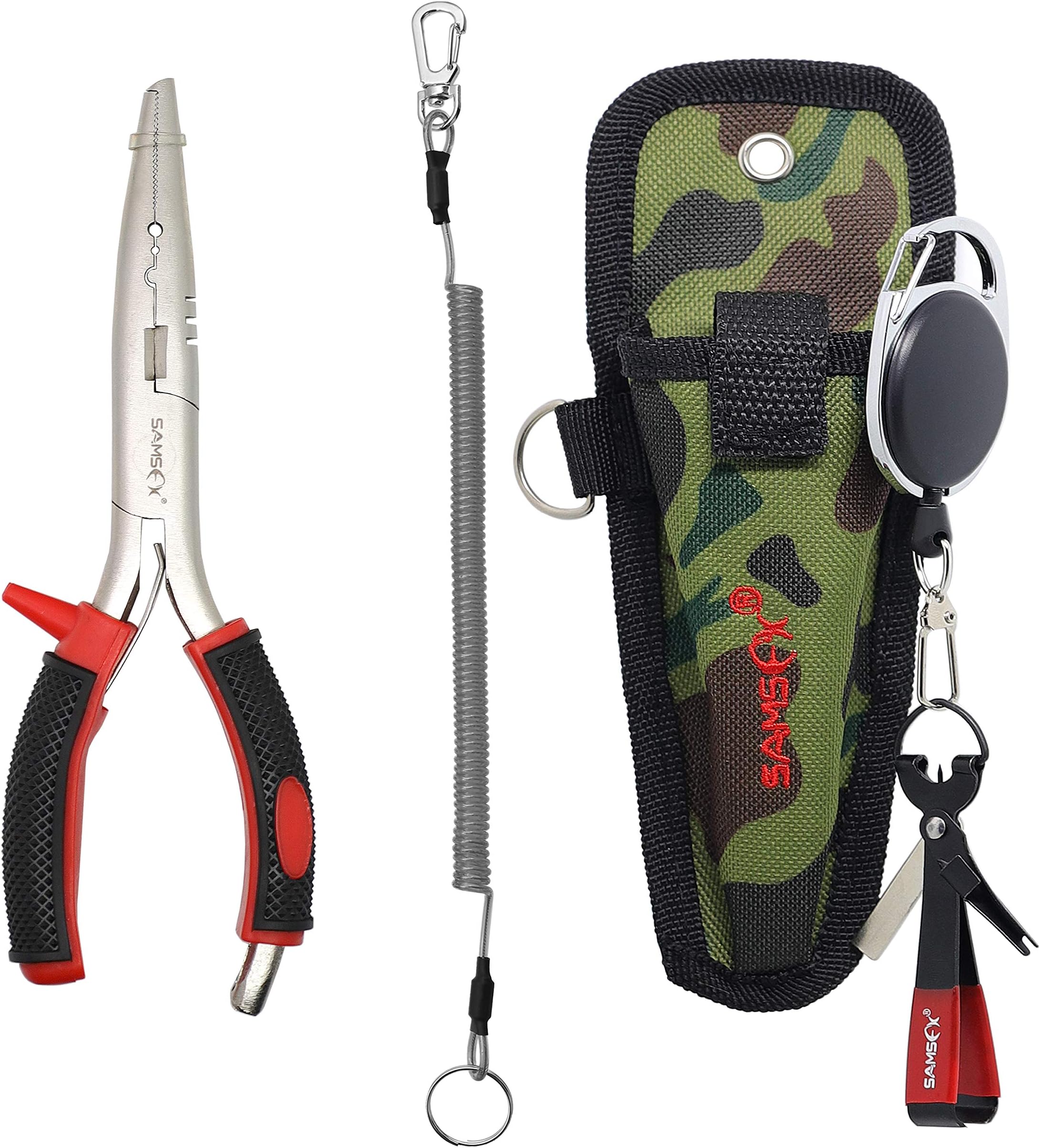 SAMSFX Fishing Pliers with Coiled Lanyard and Camo Sheath