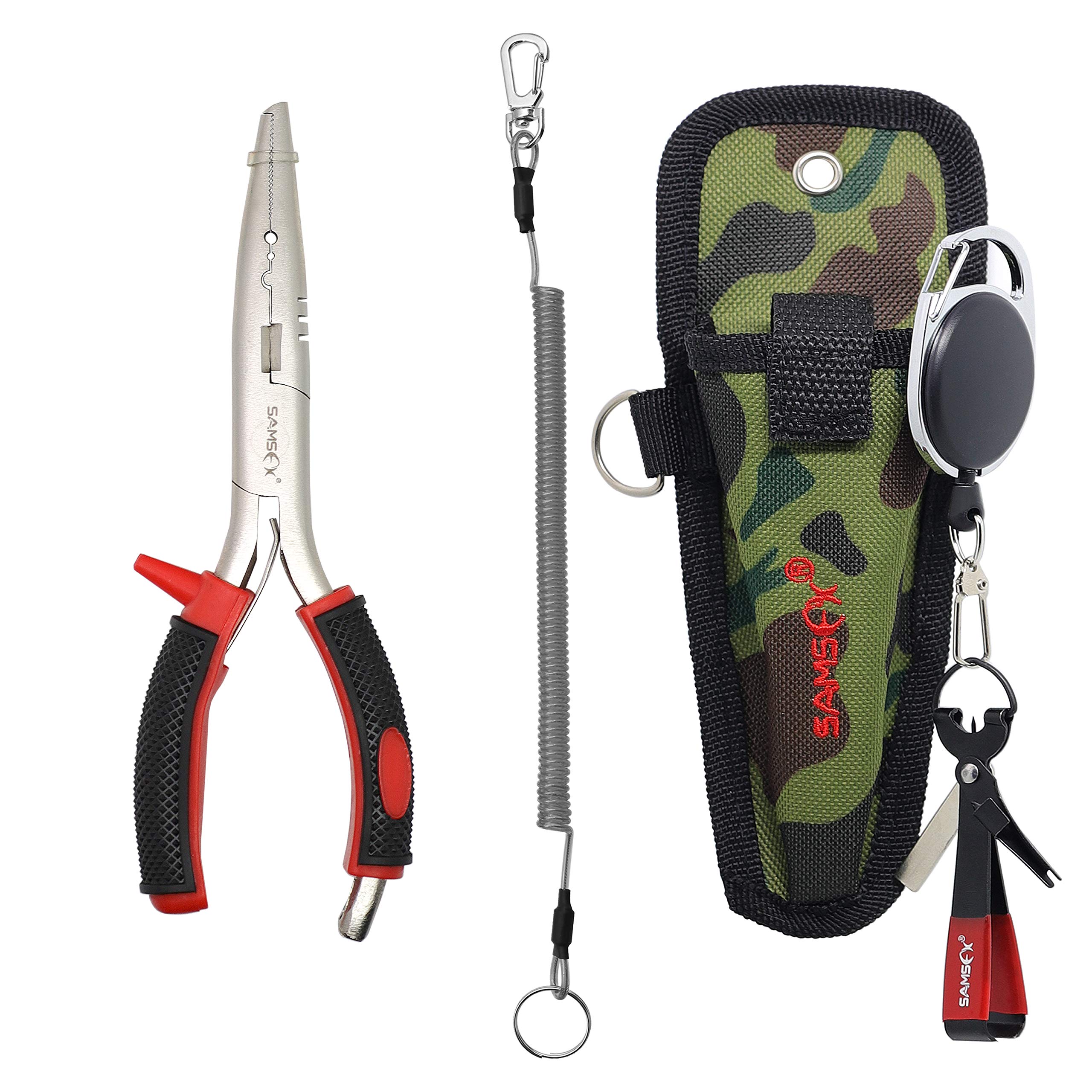 SAMSFX Fishing Pliers with Coiled Lanyard and Camo Sheath
