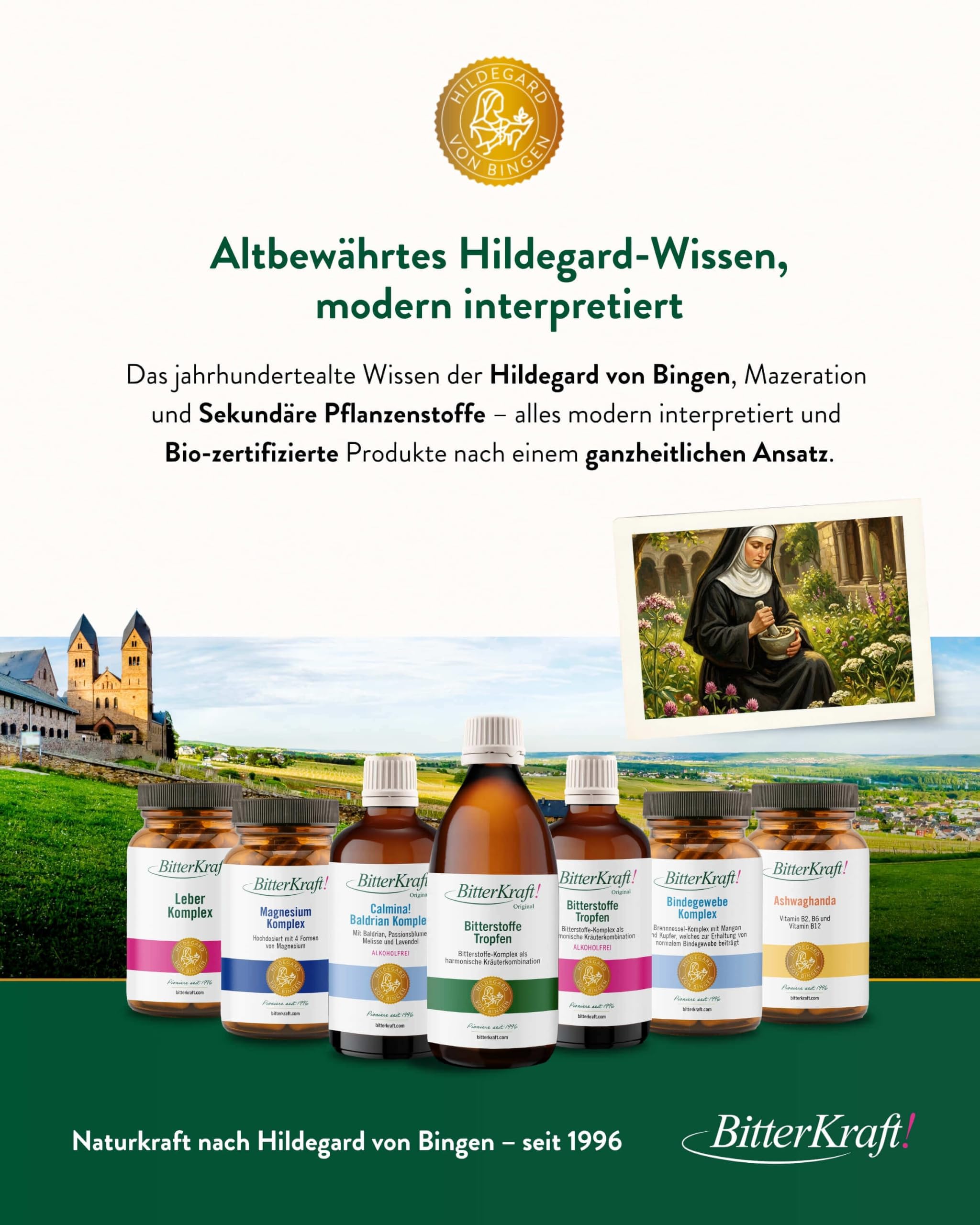 BitterKraft! Hildegards Ruhe-Kräuter 120  Kapseln – mit Bio Ashwaghanda, Rosenwurz-Extrakt, B2, B6 & B12 – inspiriert von Hildegard von Bingen – ohne Zusatzstoffe - 100 % Natur – Made in Germany