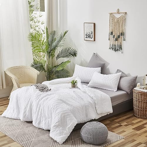 Miniatura 7 de Houseri - Juego de edredón tamaño King - Ropa de cama acolchada blanca sólida - Patrón de jacquard bohemio - Estilo shabby chic blanco total -