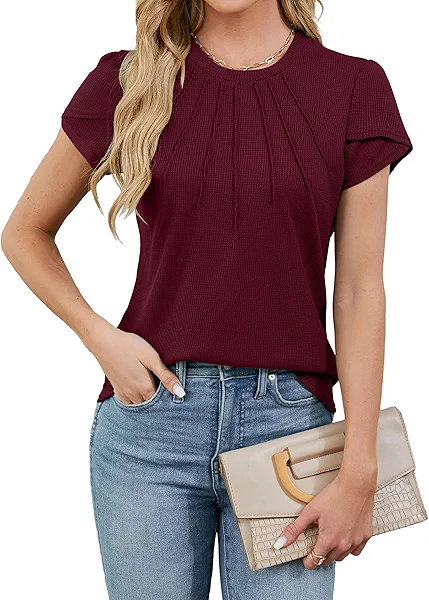Blooming Jelly Womens Dressy Casual Blouses Business Work Tops Summer Short Sleeve Shirts Crew Neck Waffle Kint Tshirts