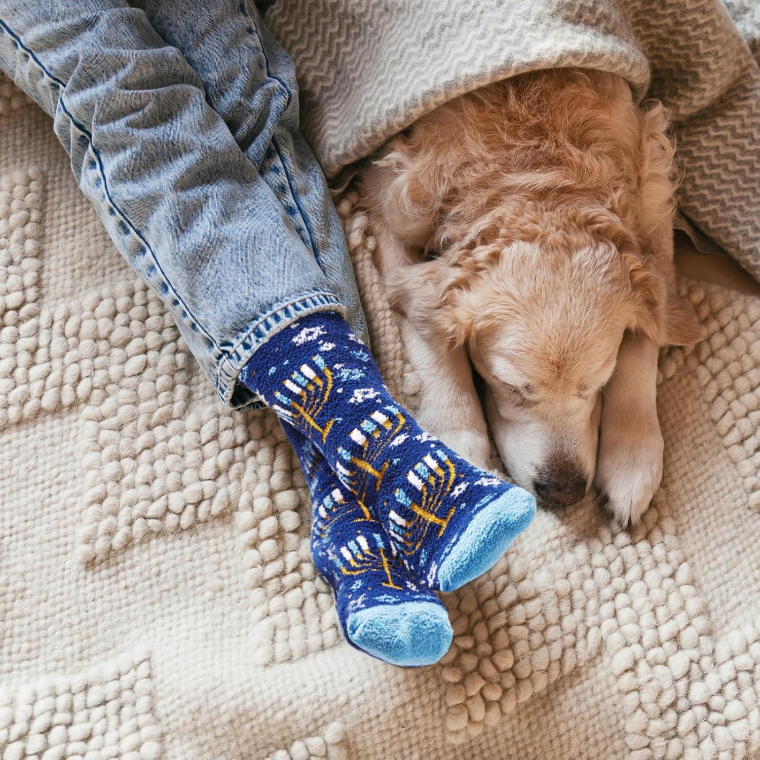 Menorah Hanukkah Fuzzy Socks - Cozy Winter Holiday Crew Socks Unisex Size 10-13 - Soft Festive Blue Menorah Design with Snowflakes - Perfect Warm Gift for Chanukah Celebration - Image 5
