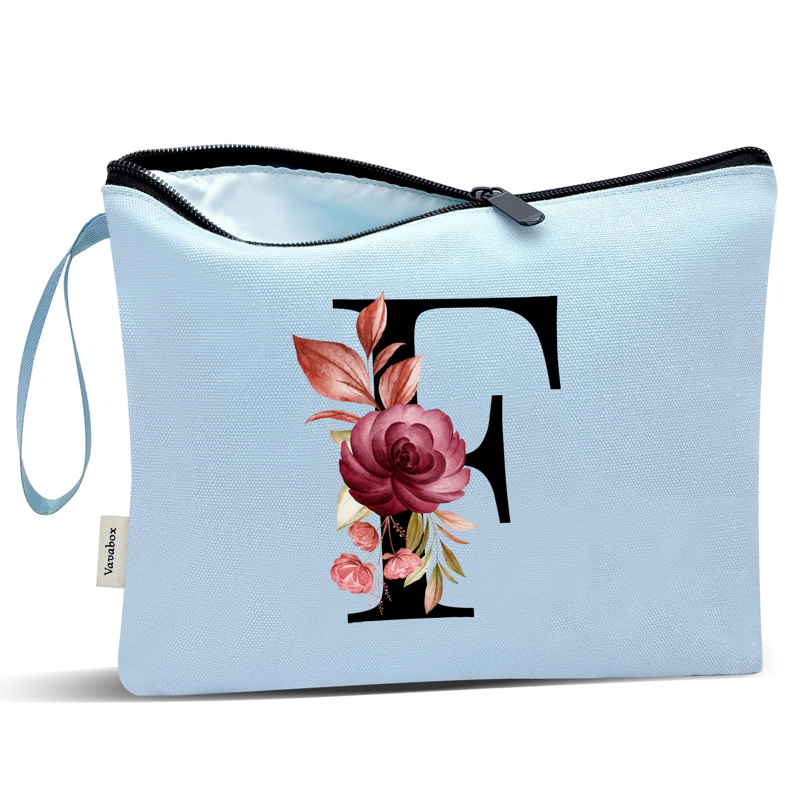 Vavabox A-Z Personalized Makeup Bag, Birthday Gifts for Women Mom, Gifts for Best Friend, Bride Bridesmaid Cosmetic bag (F, Blue)