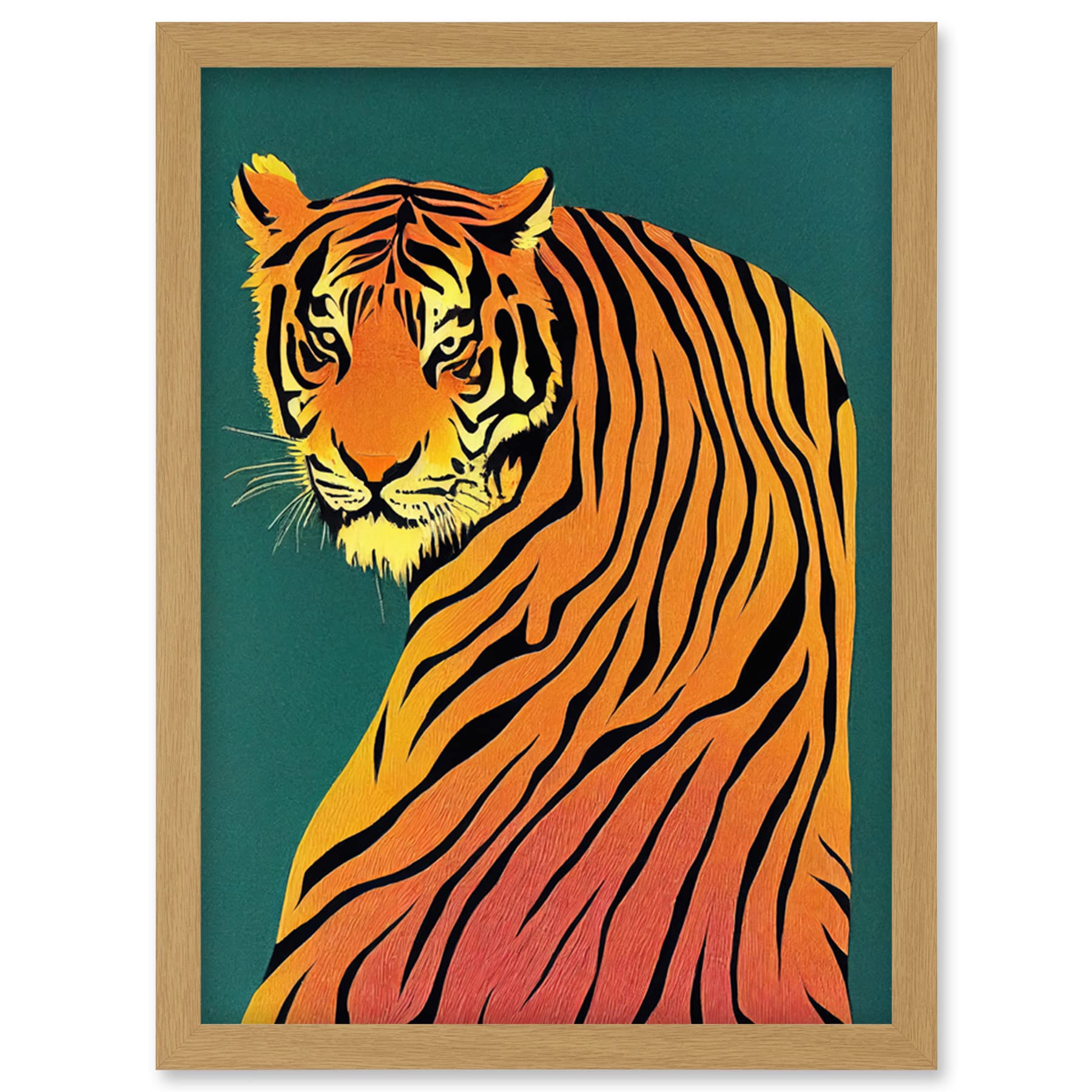 Wee Blue Coo Modern Tiger Portrait on Teal Orange Bold Artwork Framed Wall Art Print A4
