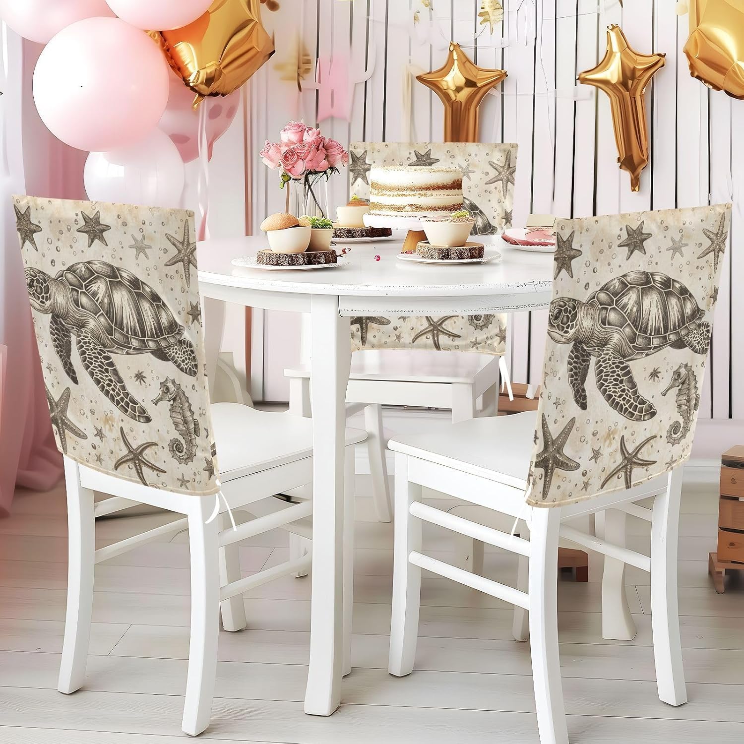 ALAZA Nautical Turtle Starfish Seahorse in Vintage Style Chair Back Cover Set of 6, Washable Reusable Removable Chair Slipcovers Decorative Chair Cover for Home Kitchen Wedding Party