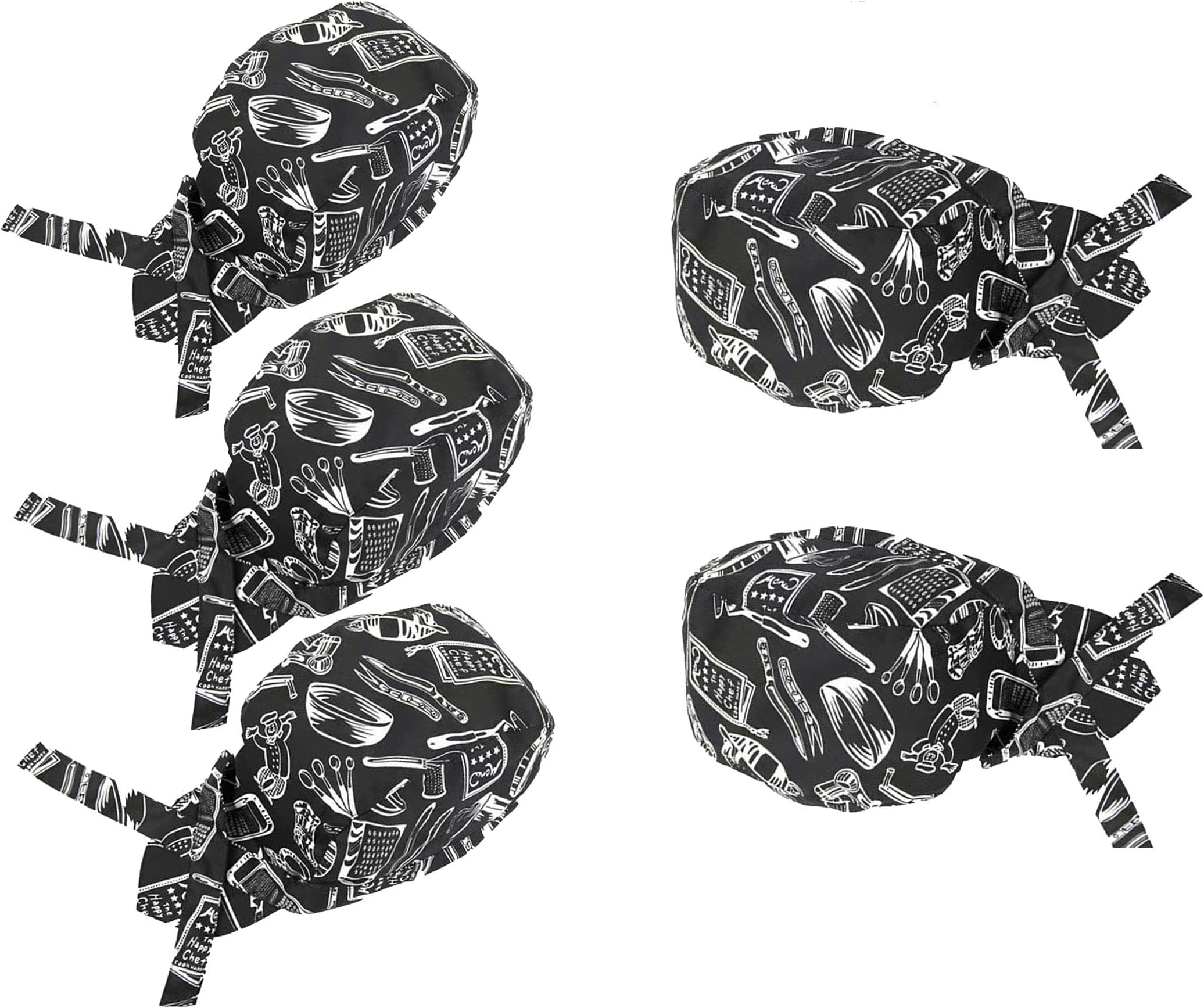 Chef Bandana Head Wrap, Kitchen Design Pattern, Black and White, 5-Pack