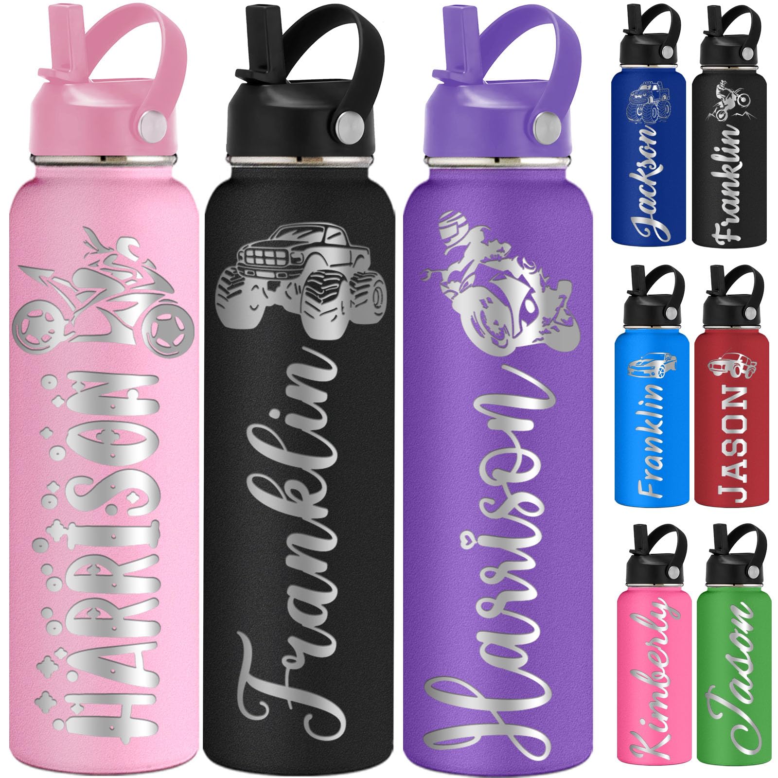 FwSYouMAI Custom Water Bottle with Straw 12/18/24/32oz Personalised Insulated Water Bottles Engraved Name Customised Stainless Steel Bottle-Transportation