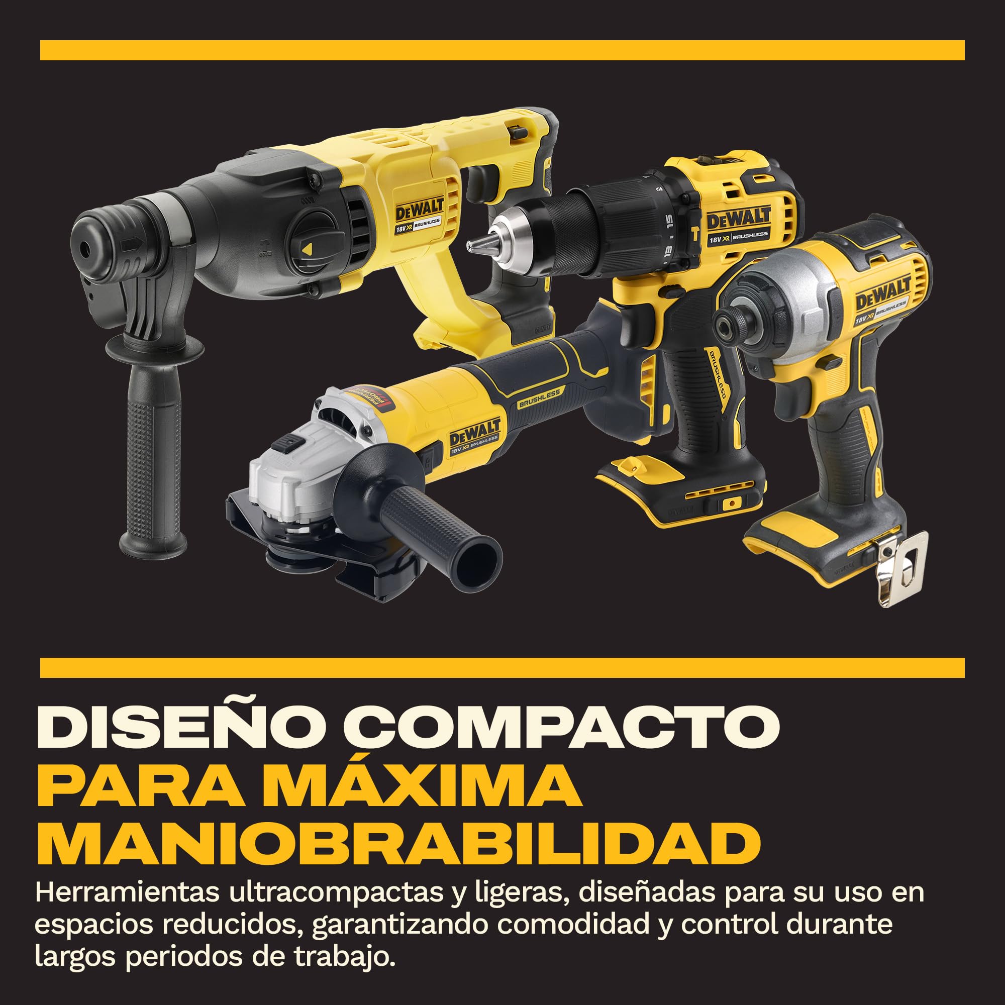DEWALT Kit Combo 18V de 4 Herramientas (Taladro Percutor Compacto, Atornillador de Impacto, Martillo Rotativo SDS-Plus 18V, Amoladora Angular 125mm) con 3 Baterías de 4Ah en Bolsa Blanda, DCK424M3-QW